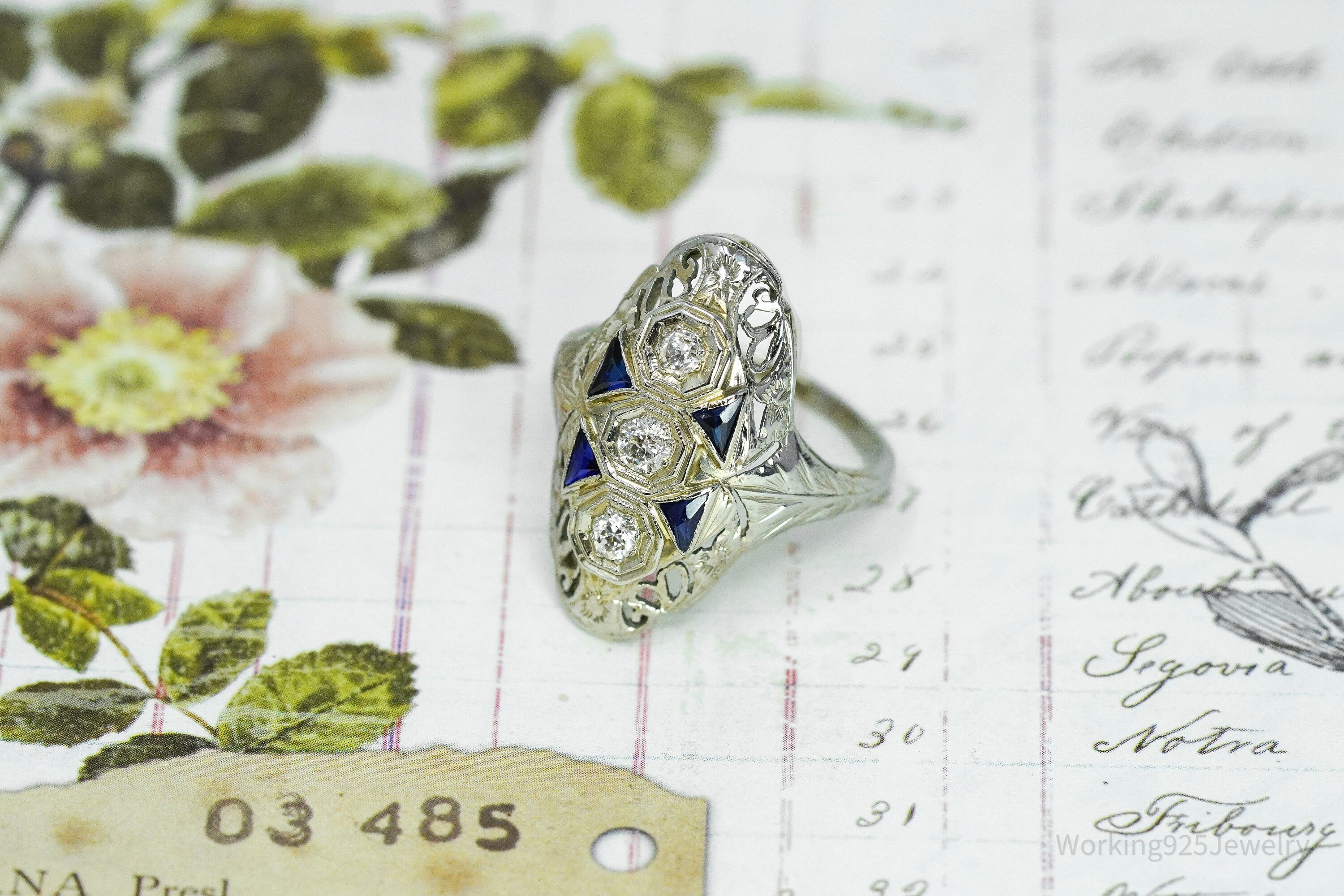 Circa Art Deco Era 18K White Gold, Diamonds And Sapphire Ring - Size 7.5