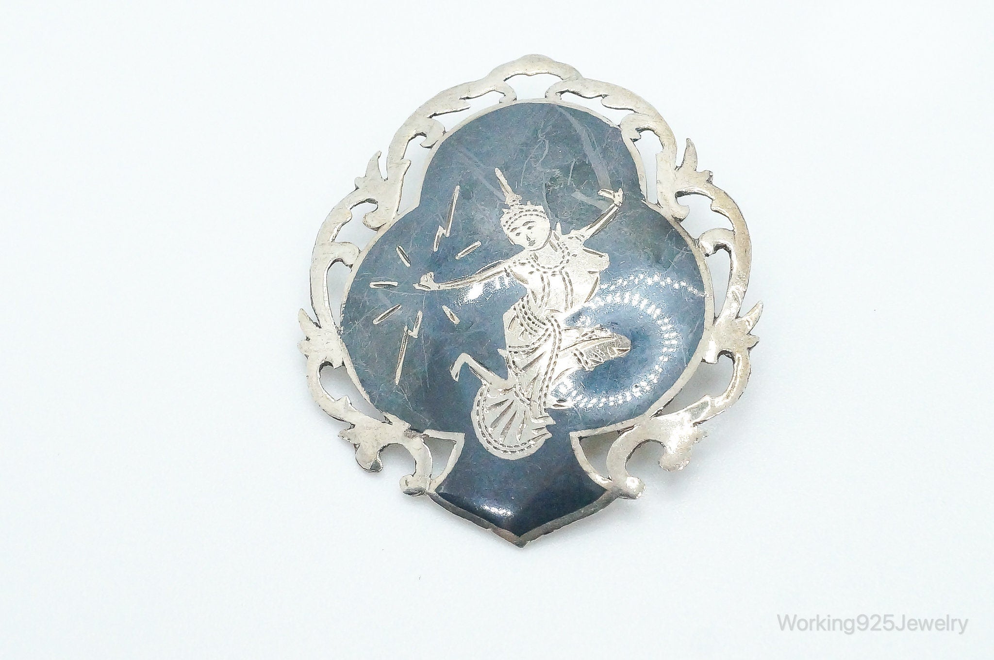 Vintage SIAM Goddess Dancers Enamel Sterling Silver Brooch Pin