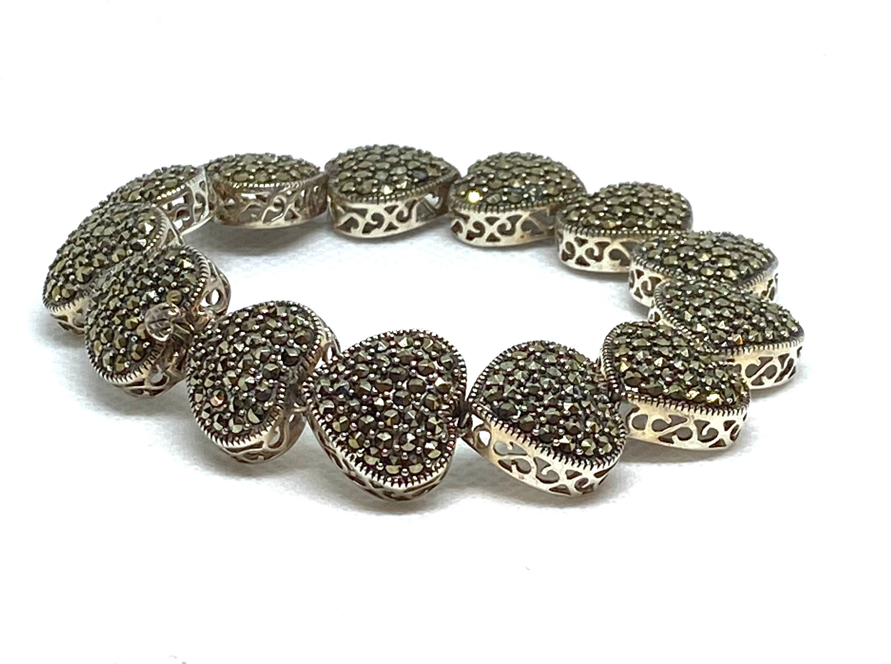 Vintage Marcasite Sterling Silver Sweetheart Heart Statement Bracelet