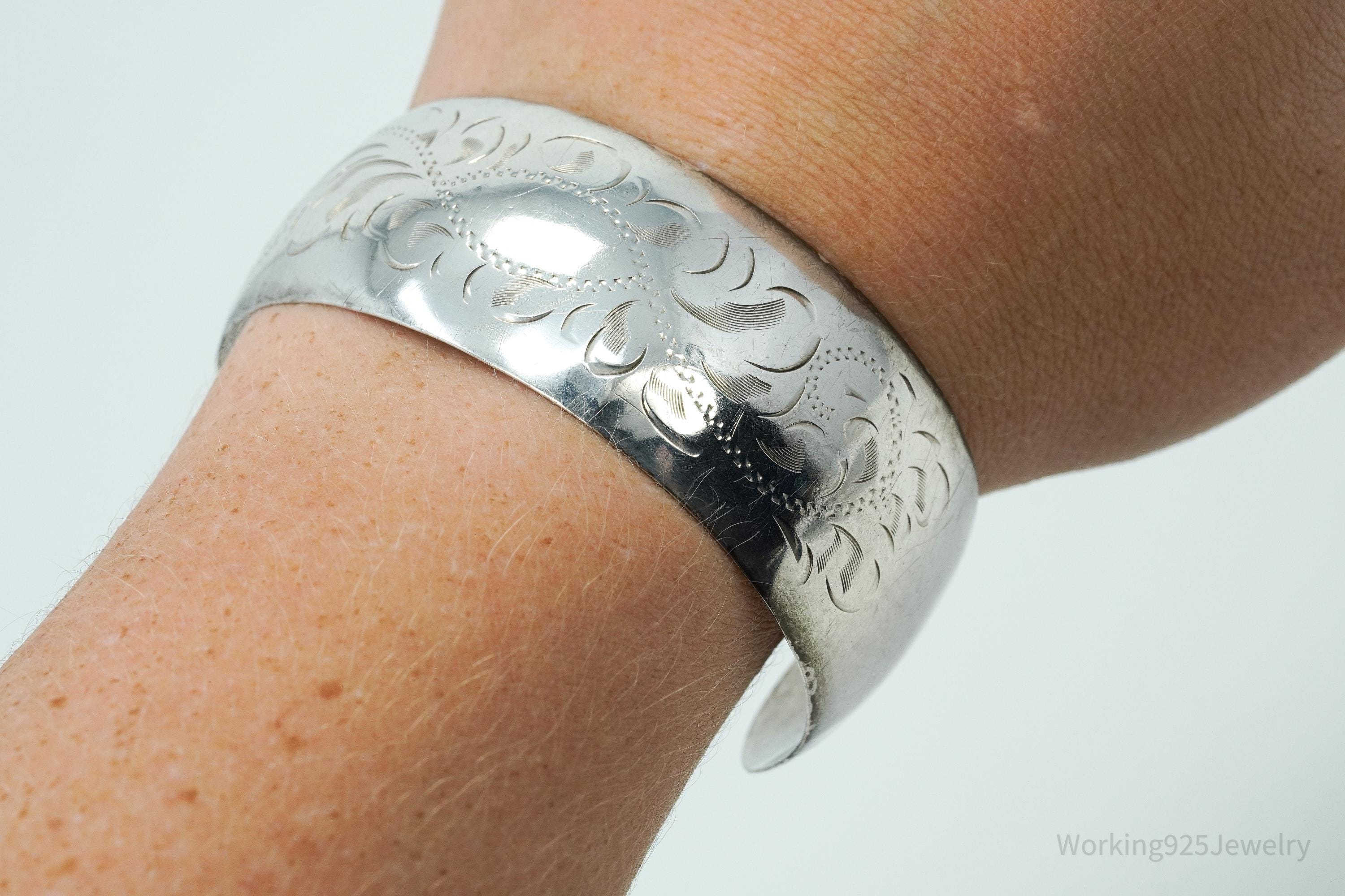 Antique Art Nouveau Floral Etched Sterling Silver Cuff Bracelet 7.25"