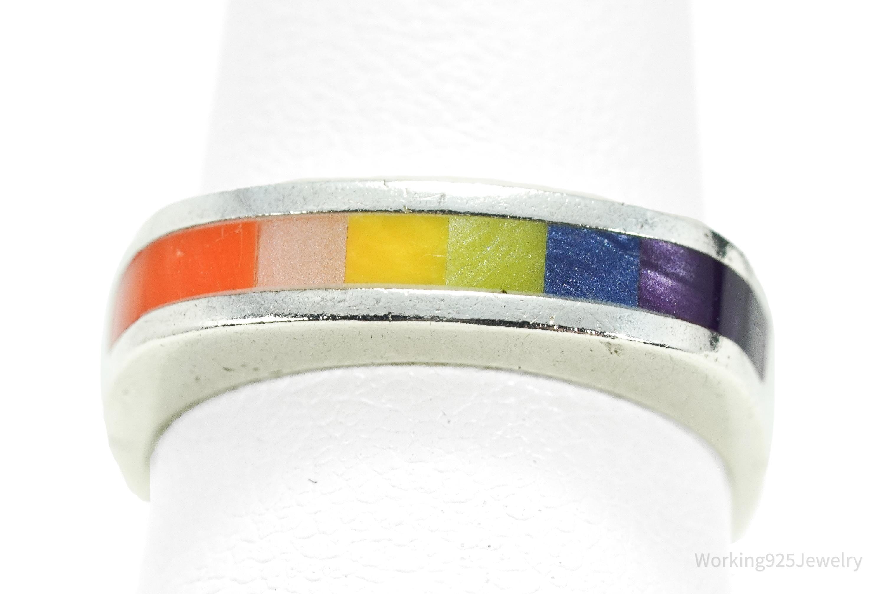 Vintage Rainbow Enamel Inlay Sterling Silver Ring Size 6