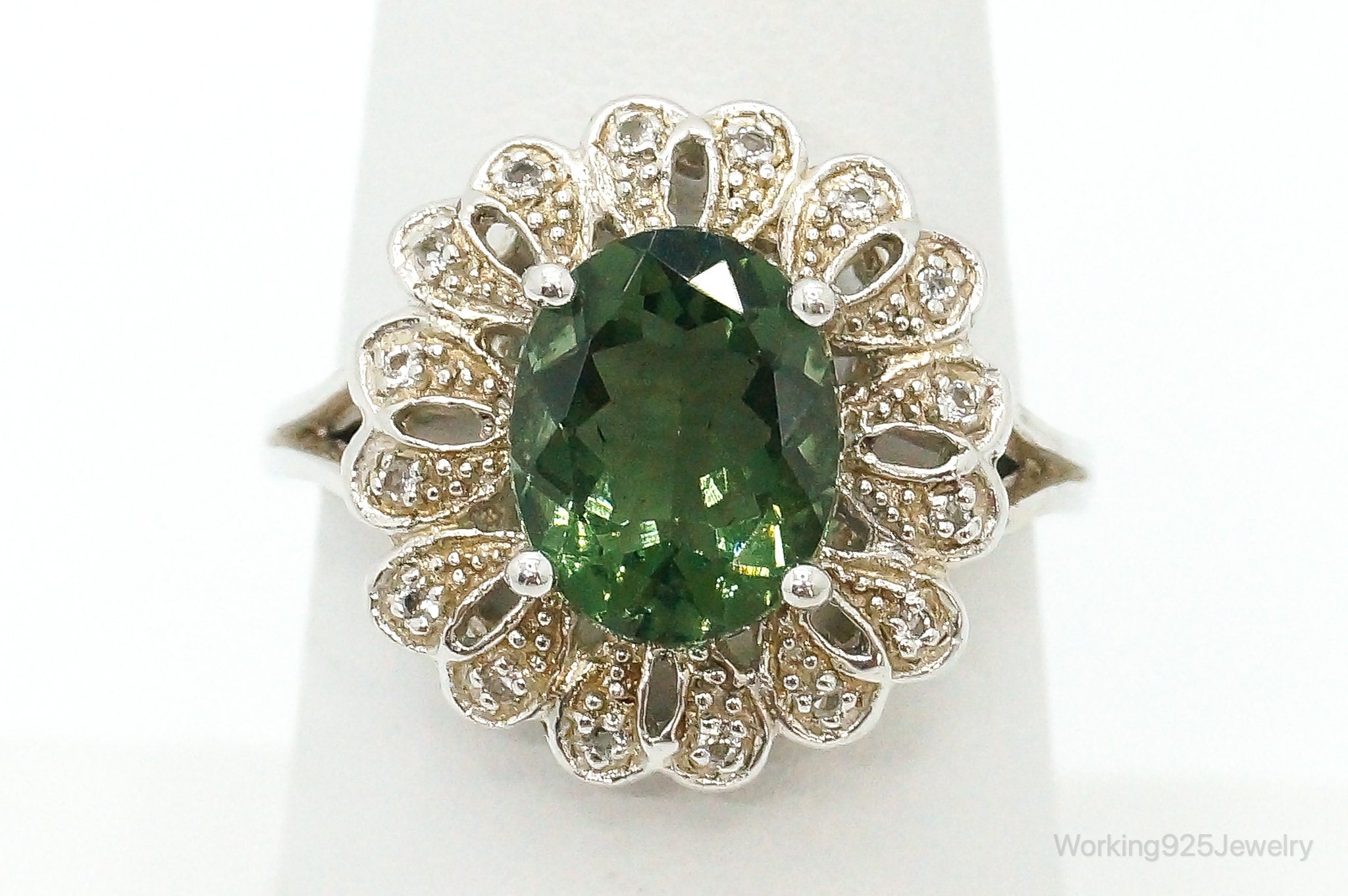 Vintage Peridot Cubic Zirconia Sterling Silver Ring - Size 7.25