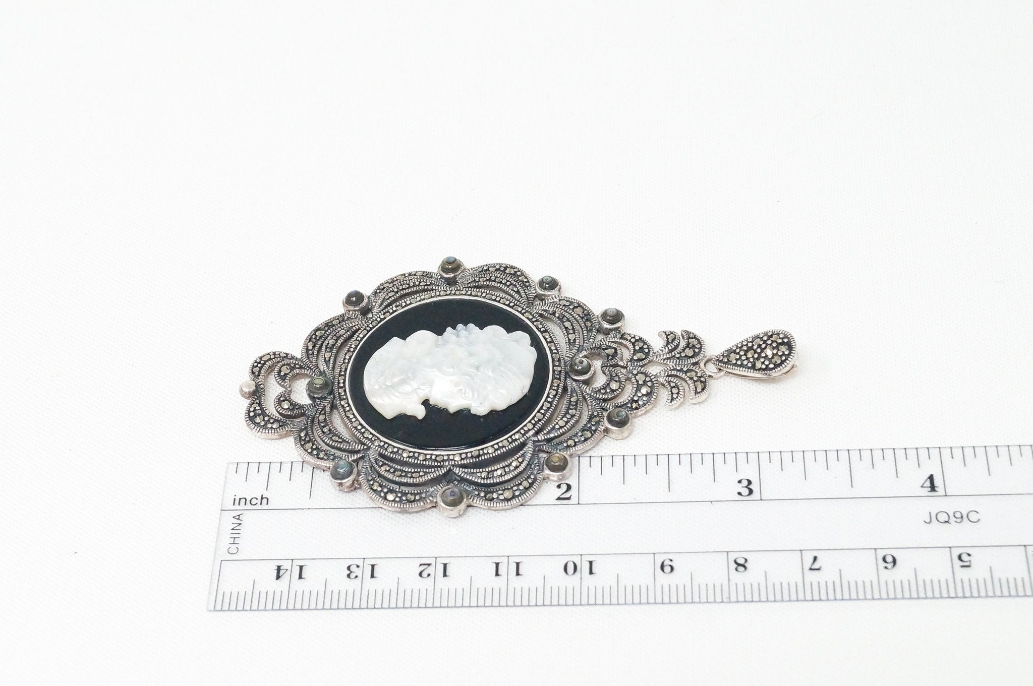 Vtg Carved Cameo Mother Of Pearl Marcasite Sterling Silver Necklace Pendant