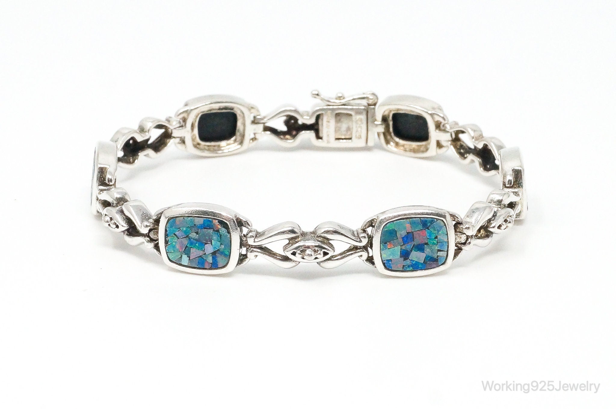 Vintage Mosaic Blue Fire Opal Inlay Sterling Silver Bracelet