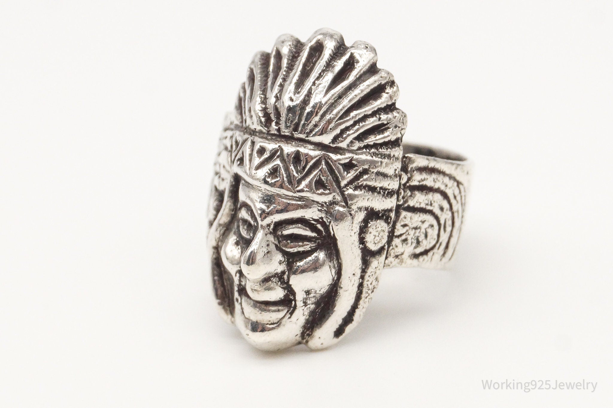 Vintage Native American Chief Head Silver Ring - Size 8.5