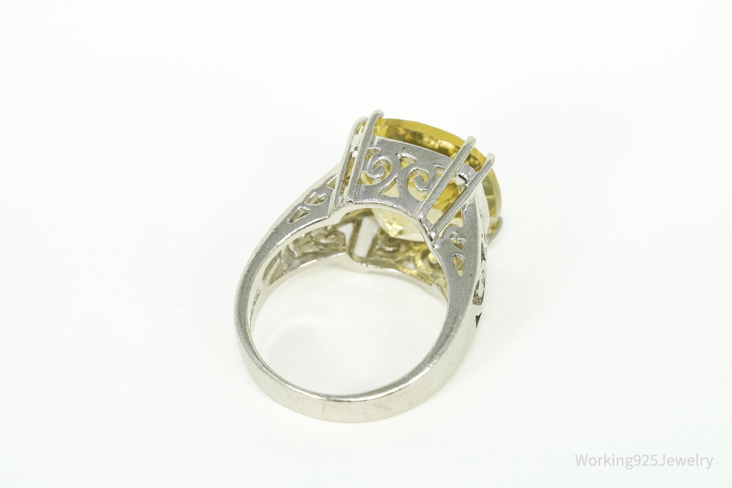 Vintage Large Lemon Citrine Sterling Silver Ring - Size 8