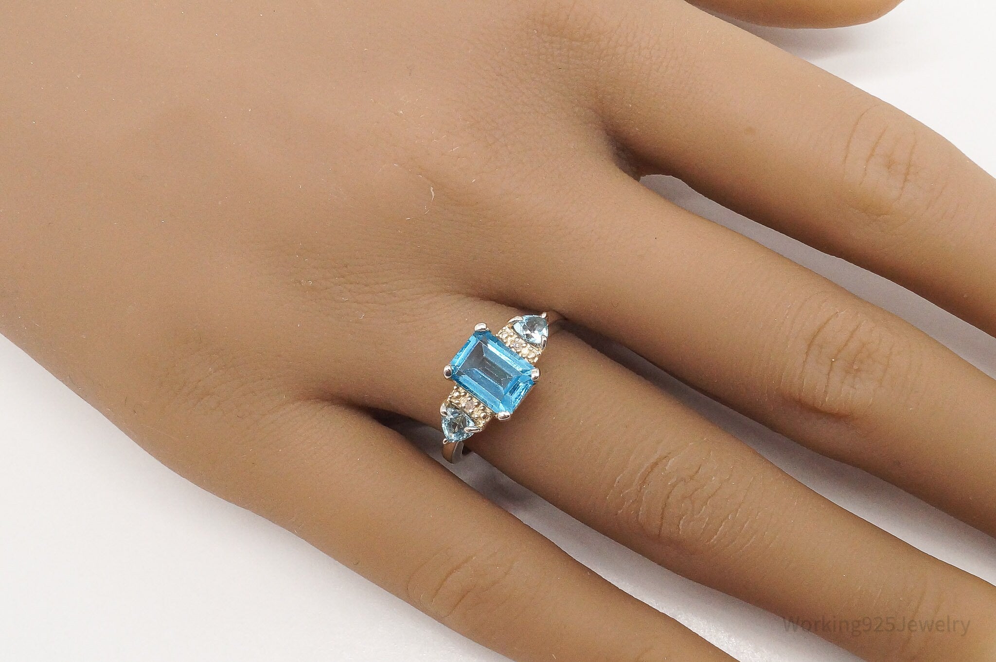 Vintage Blue Topaz Two Diamond Sterling Silver Ring - Size 6.75