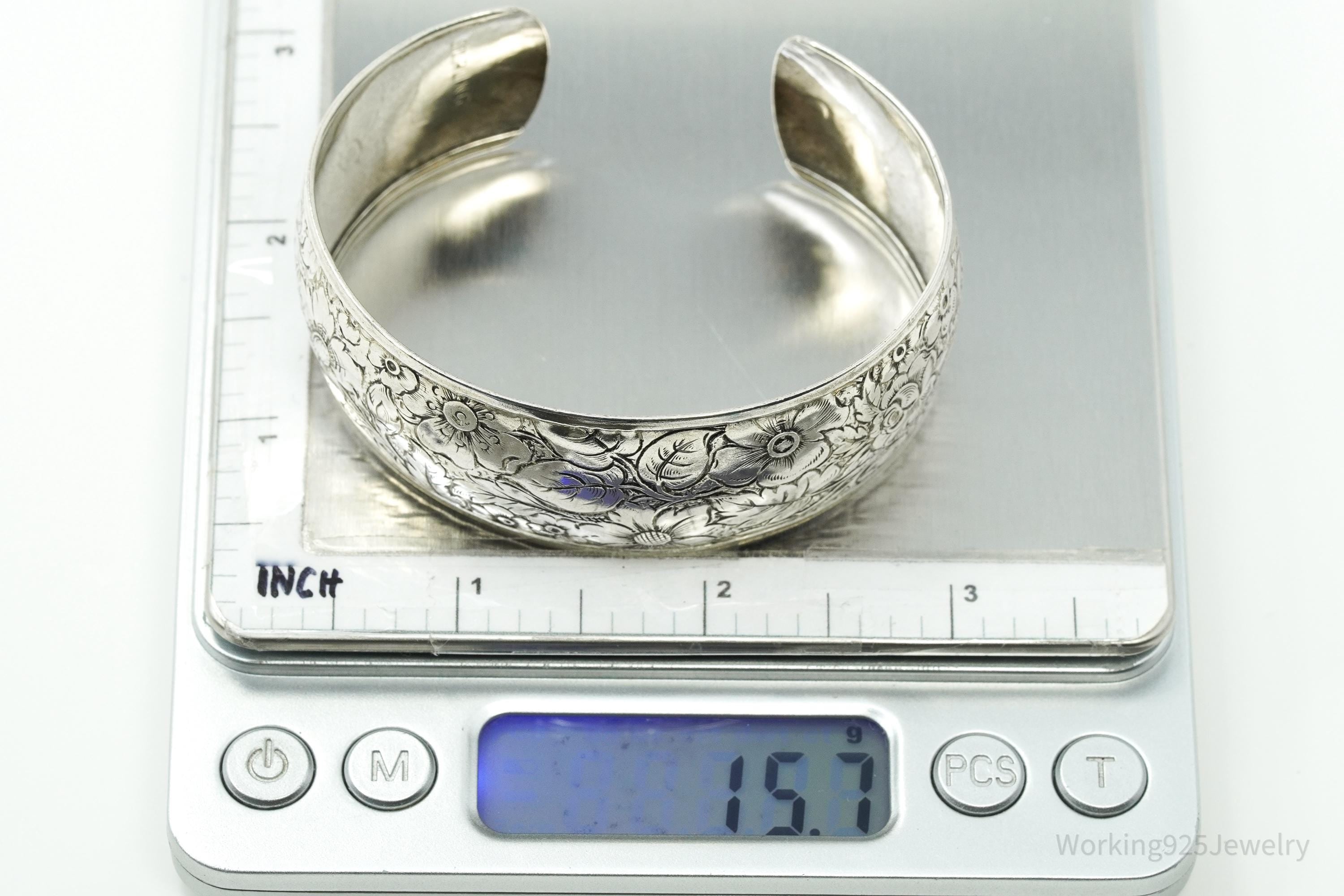 Antique Art Nouveau Floral Pattern Sterling Silver Cuff Bracelet - 7.5"