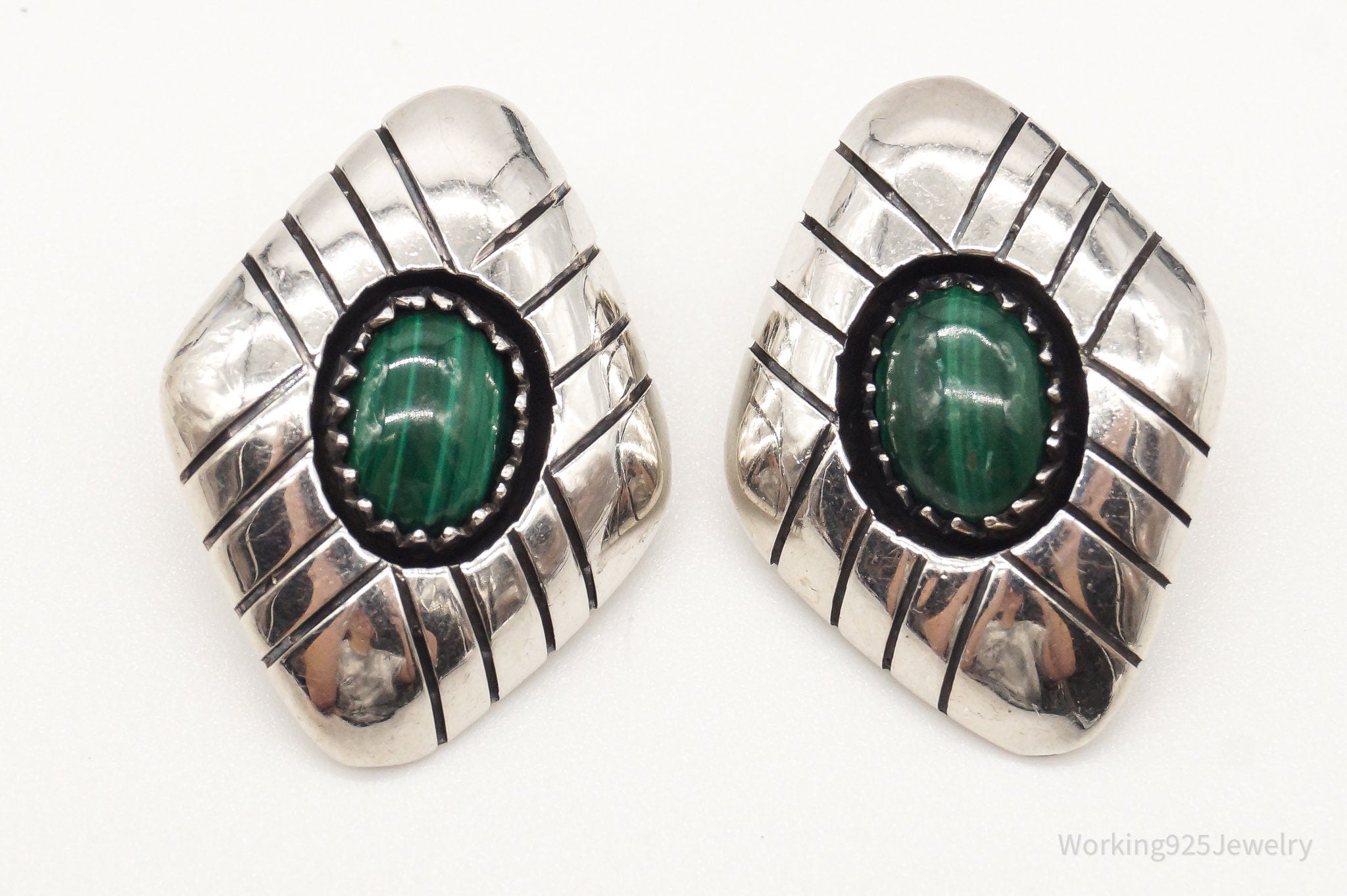 Vintage Native American Malachite Sterling Silver Clip On Earrings