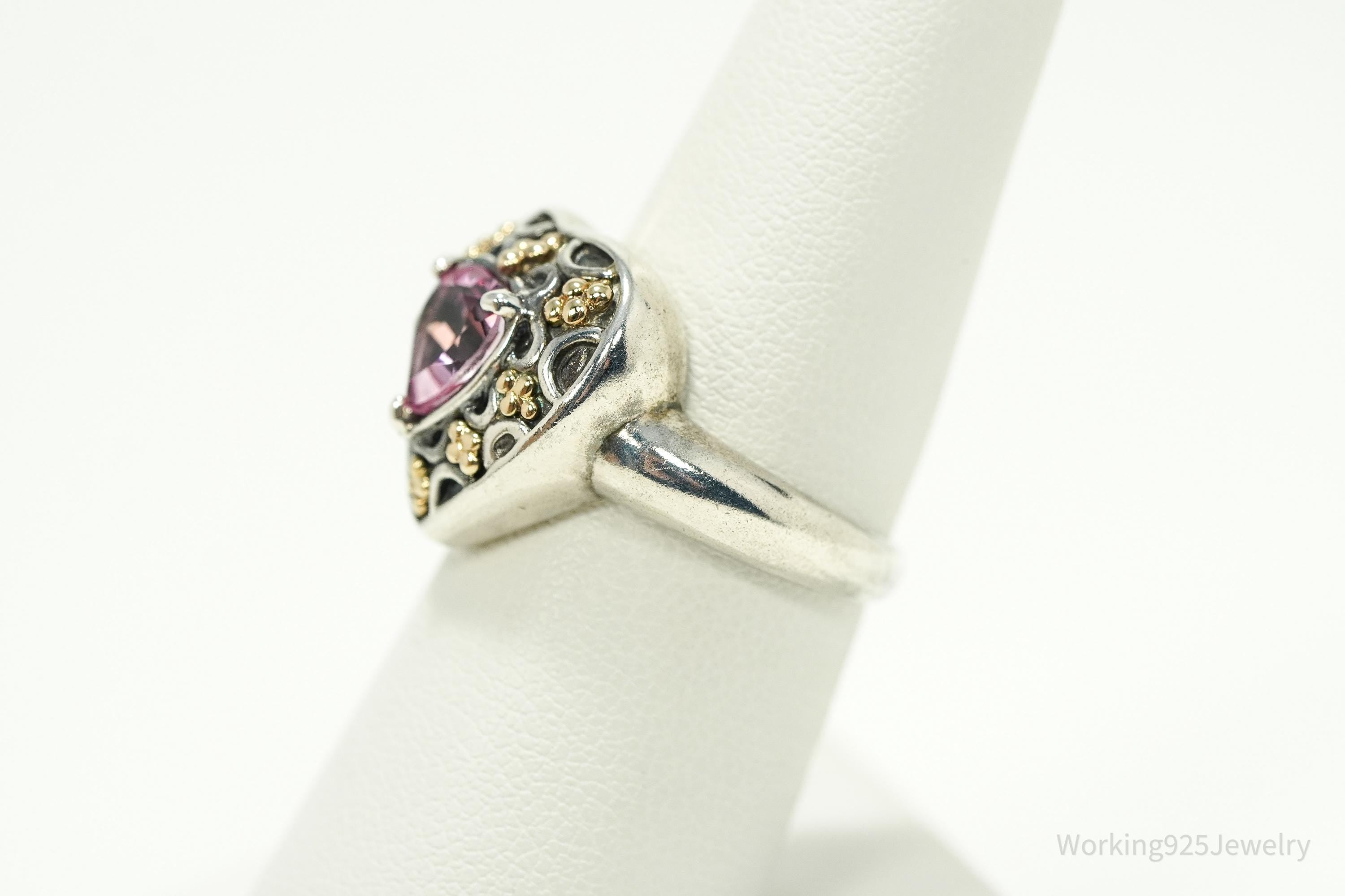 Vintage SLV Pink Topaz 14K Yellow Gold Sterling Silver Ring - Size 7
