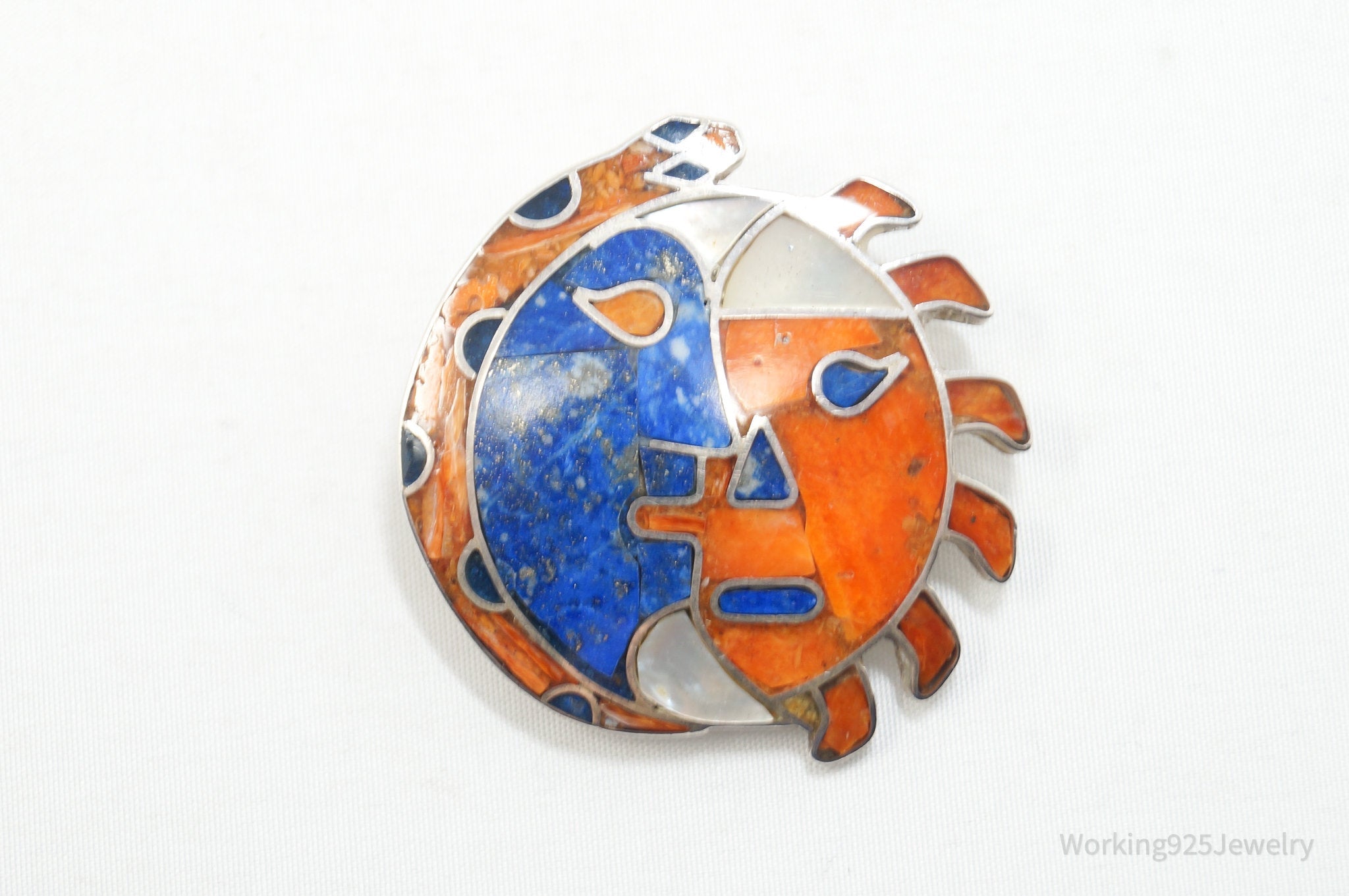 Vtg Large Handmade Mexico Sun Moon 950 Silver Southwestern Brooch Pendant