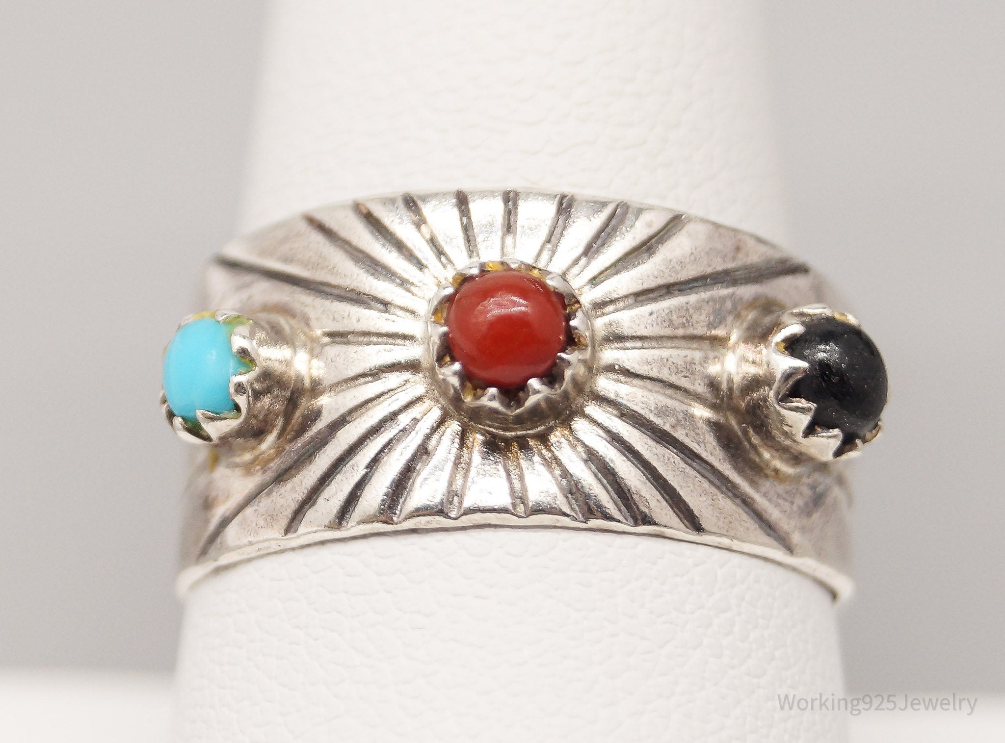 Vintage Native American Multi Gem Sterling Silver Ring - Size 10 Adjustable