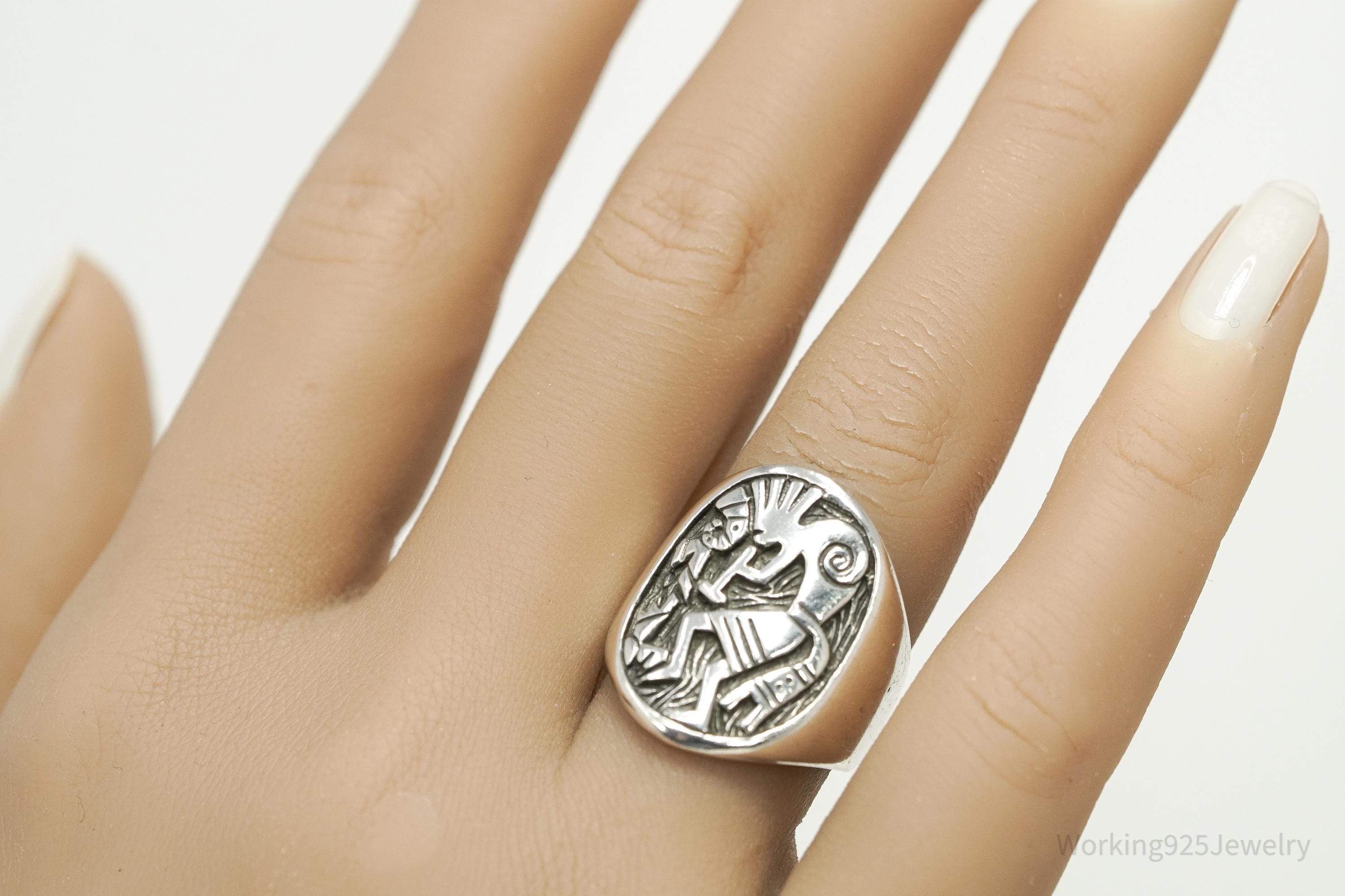 Vintage Dancing Kokopelli Sterling Silver Ring - Size 7