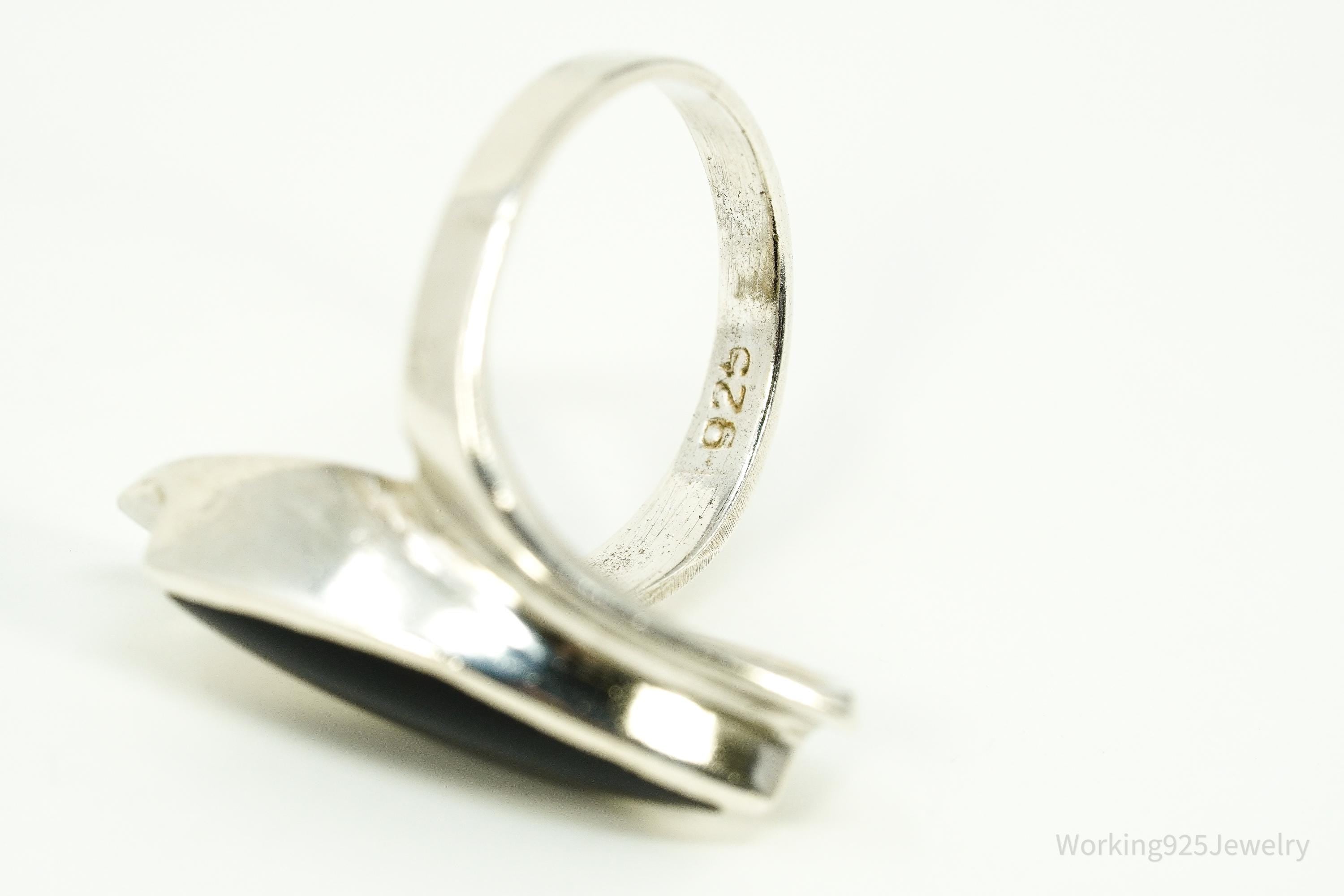 Vintage Black Onyx Modernist Style Sterling Silver Ring - Size 7.25
