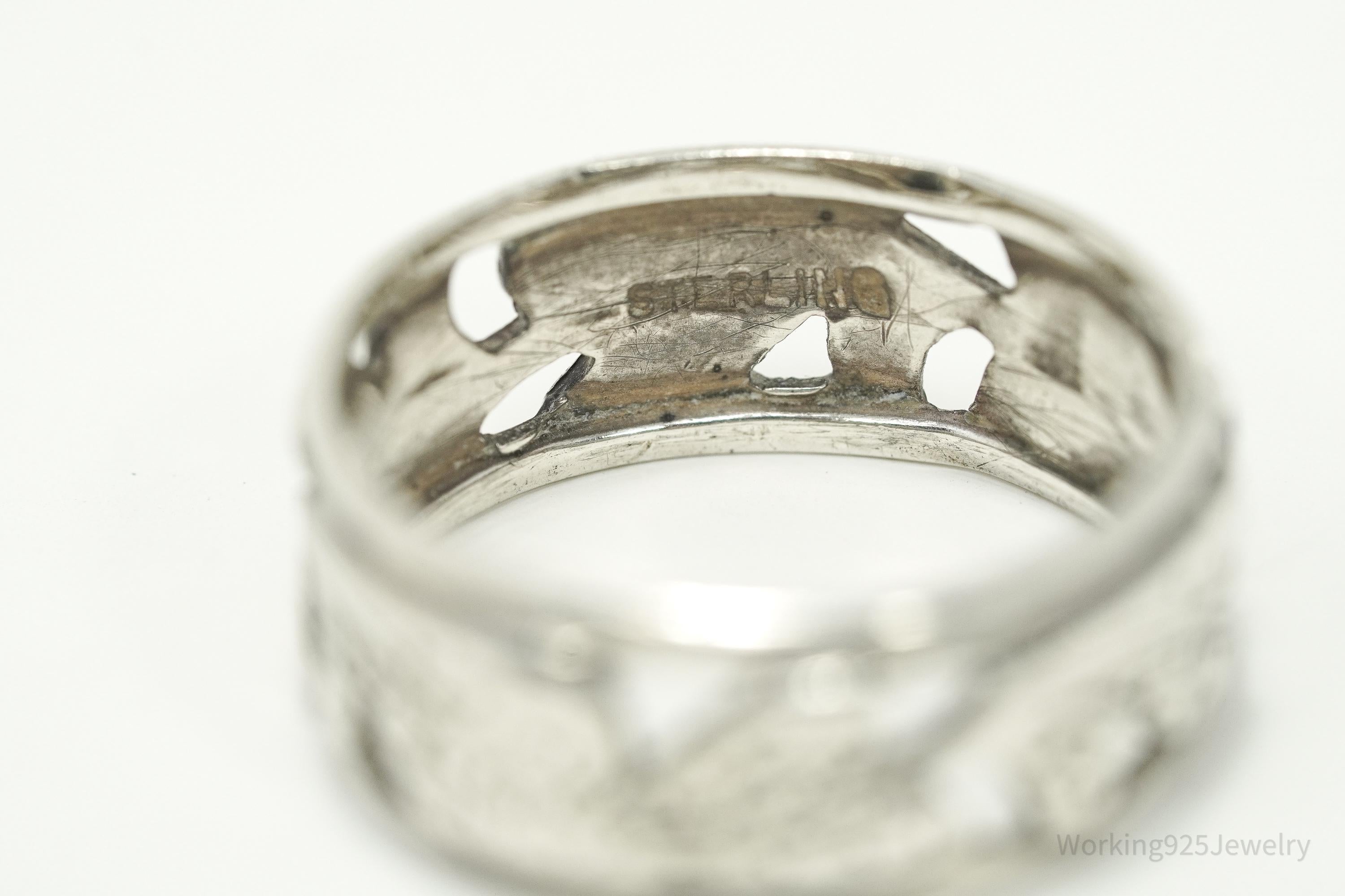 Antique Floral Pattern Sterling Silver Band Ring - Size 9.25