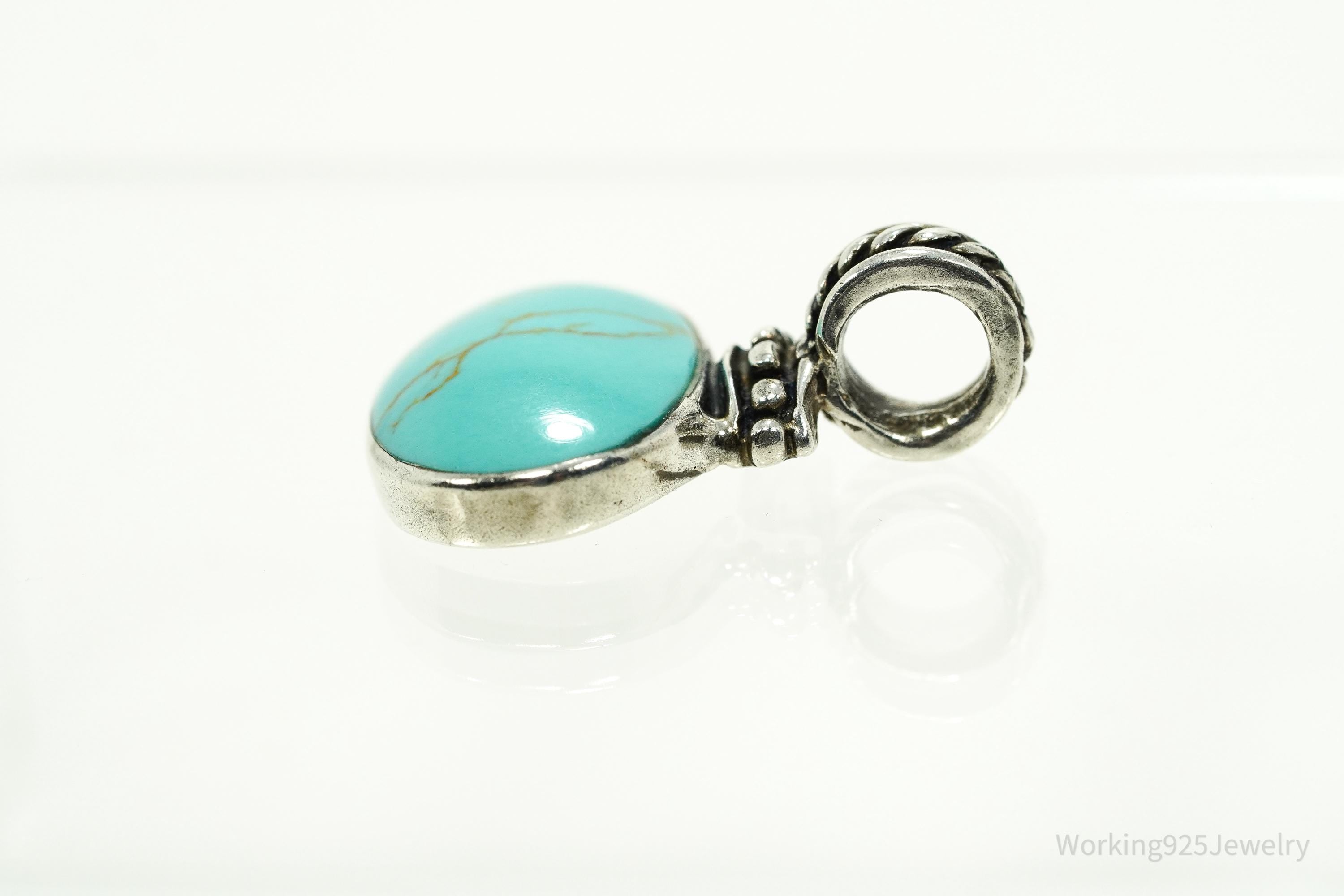 Vintage Blue Turquoise Sterling Silver Pendant 1 1/8"