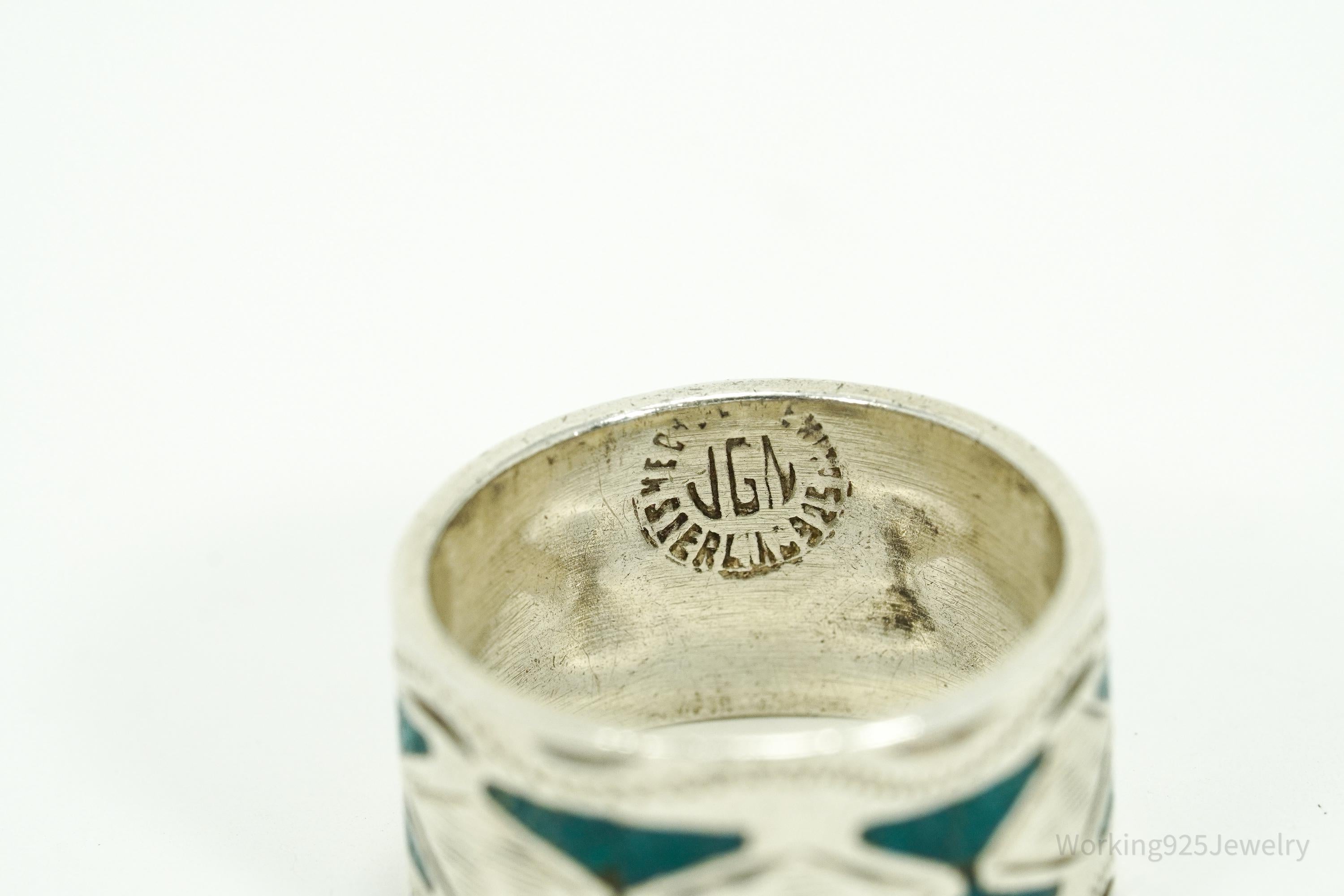 Vintage Mexico JGM Turquoise Inlay Sterling Silver Ring - Size 7.25