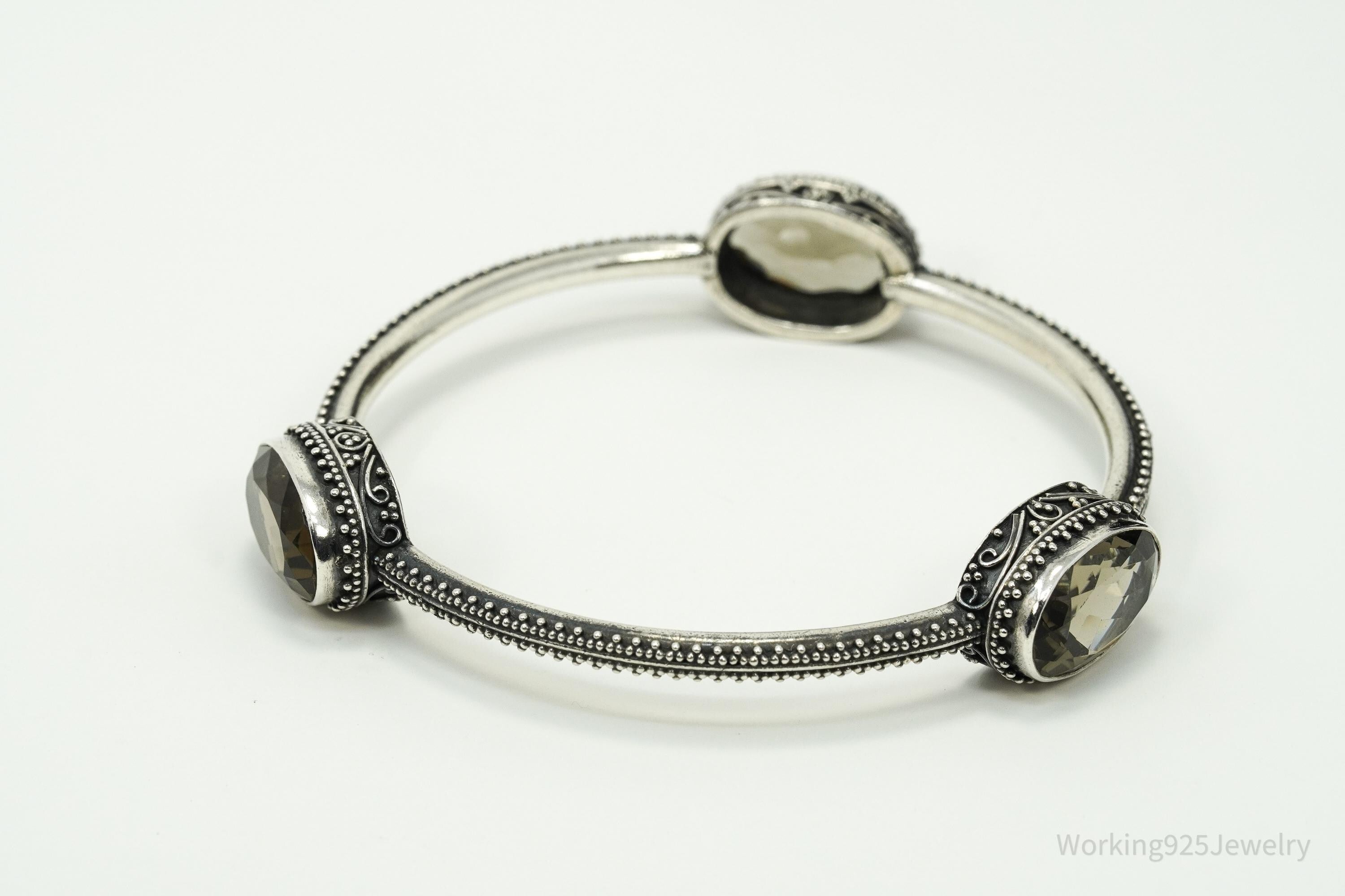 Vintage Smoky Topaz Silver Bangle Bracelet 8"
