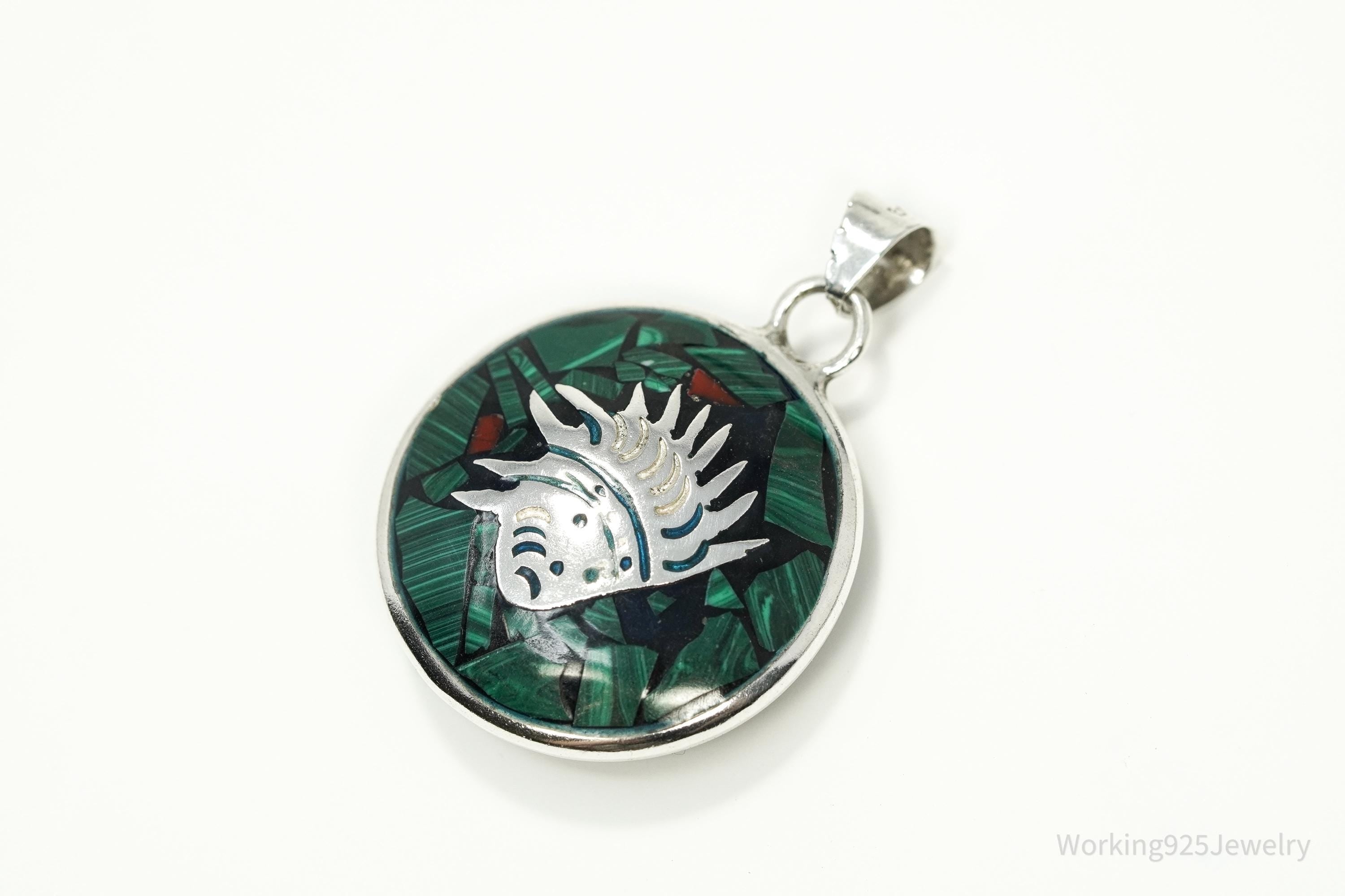 Vintage Double Sided Aztec Mayan Multi Gem Inlay Sterling Silver Pendant 1 11/16"