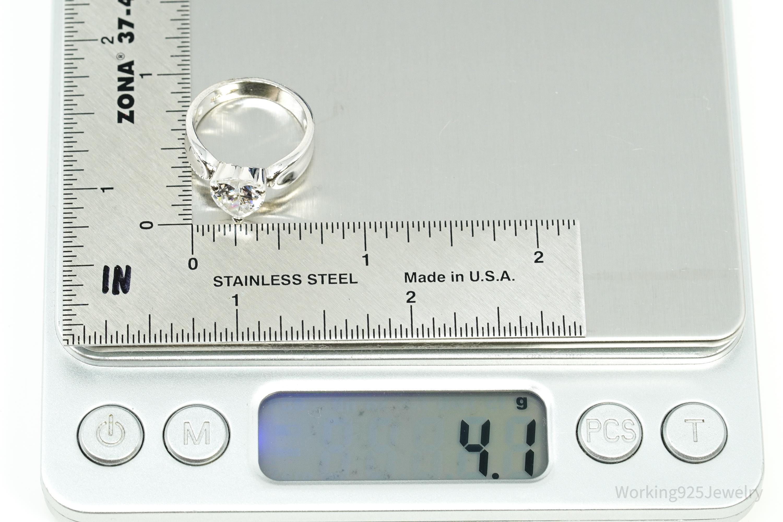 Vintage Cubic Zirconia Heart Sterling Silver Ring - Size 6