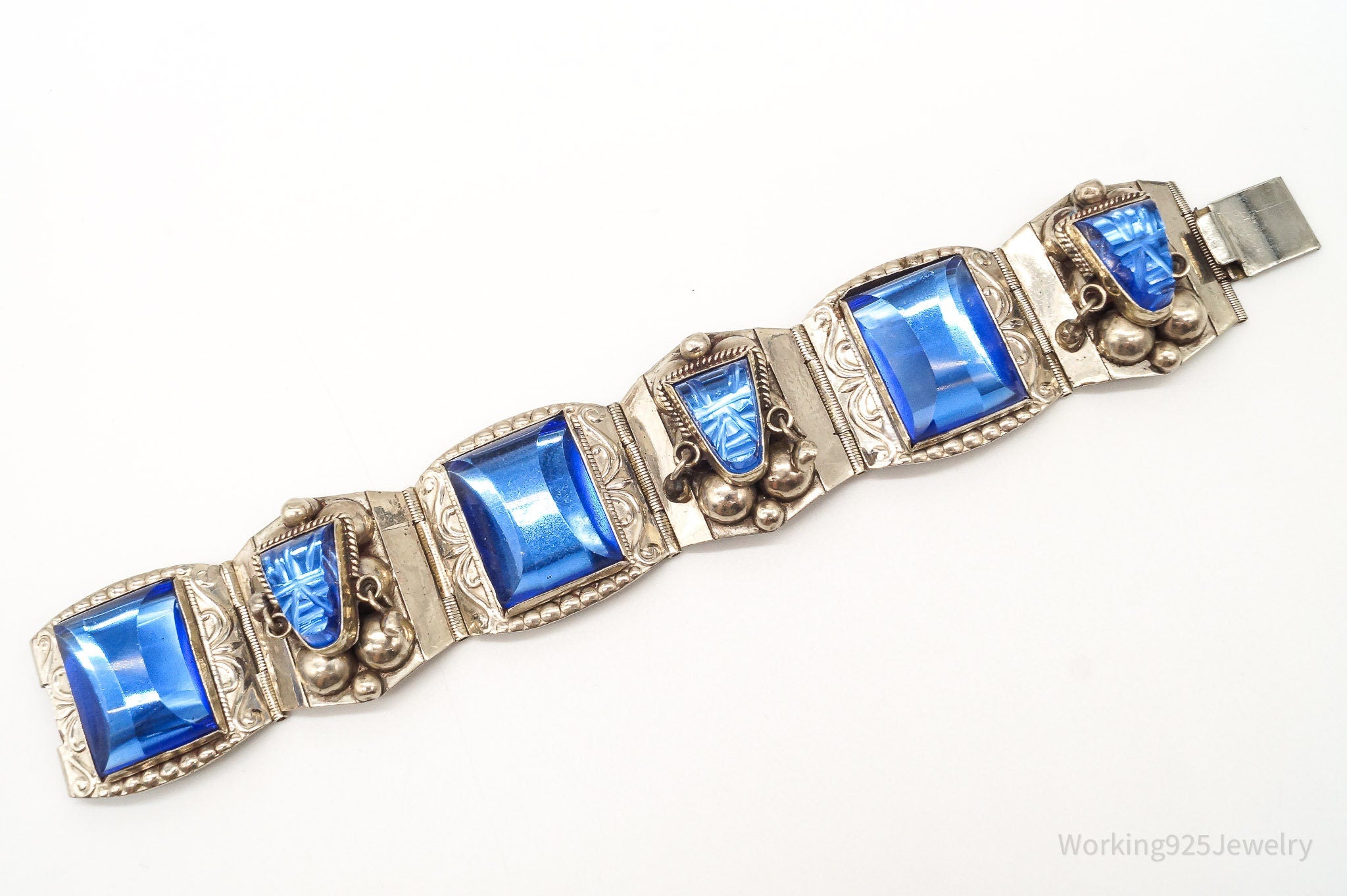 Vintage Mexico Designer AR Blue Glass Aztec Sterling Silver Bracelet