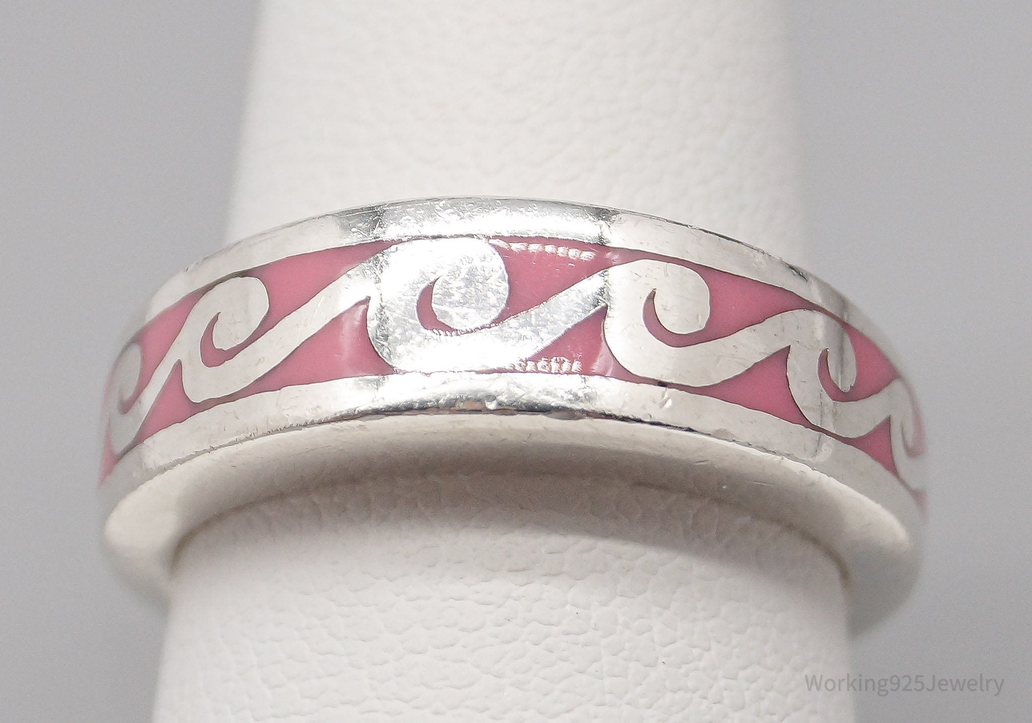 Vintage Scrolls & Swirls Pink Enamel Sterling Silver Band Ring - Size 7.75