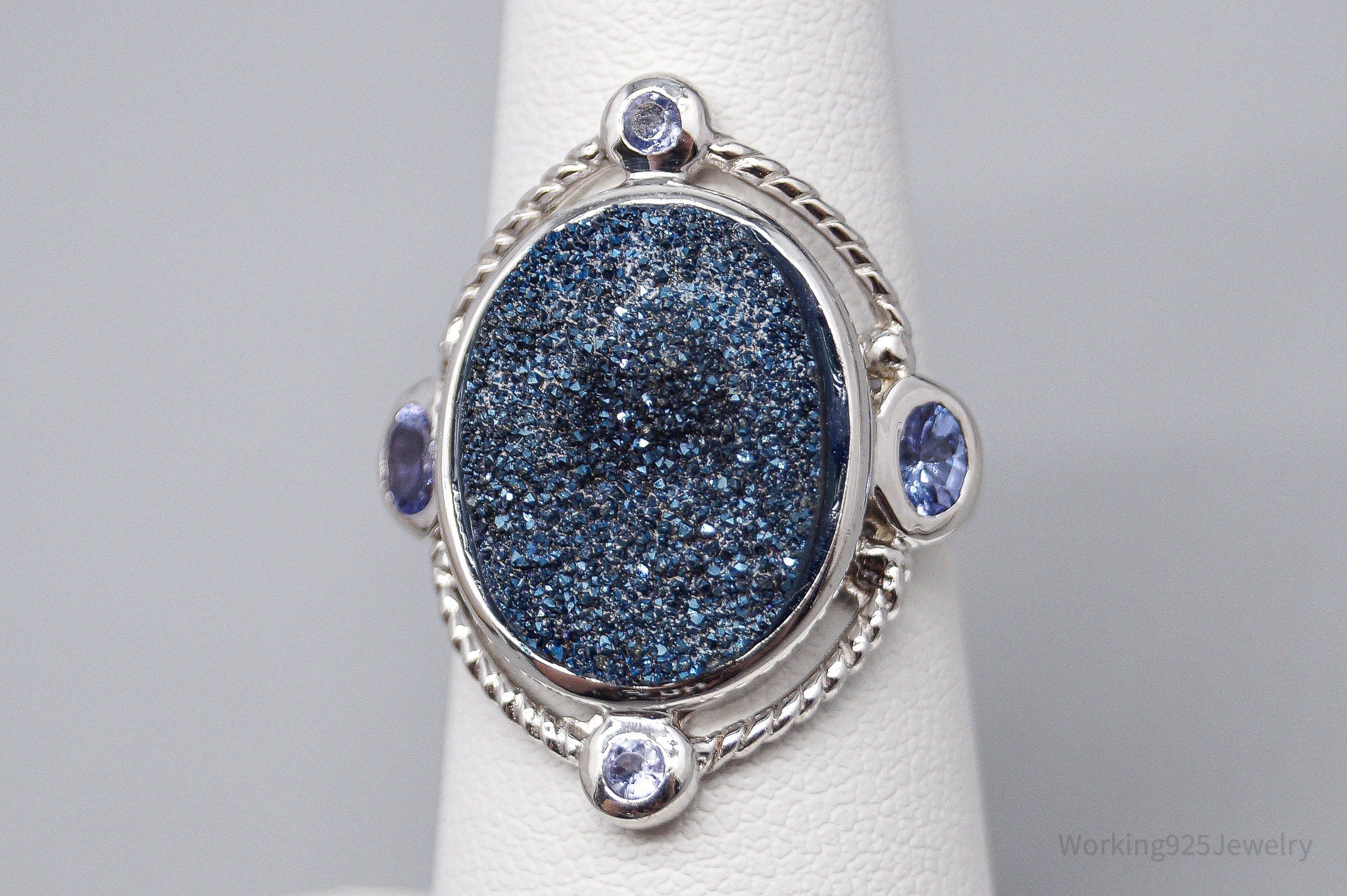 Vintage Blue Druzy Quartz & Tanzanite Sterling Silver Ring - Size 6