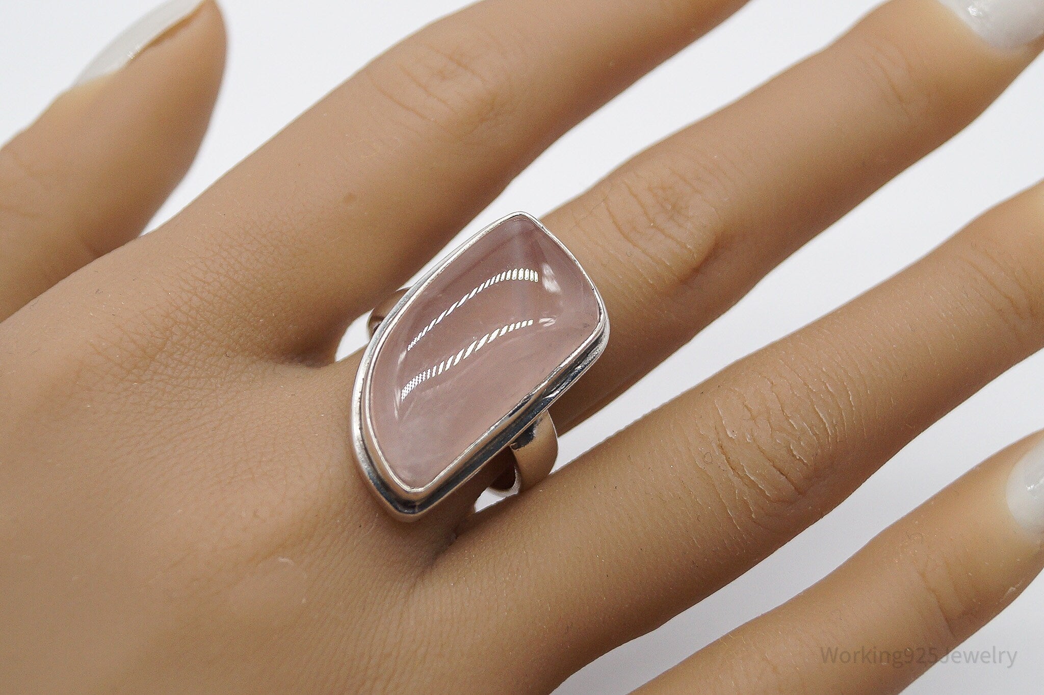 Vintage Large Pink Chalcedony Sterling Silver Ring - Size 8.75