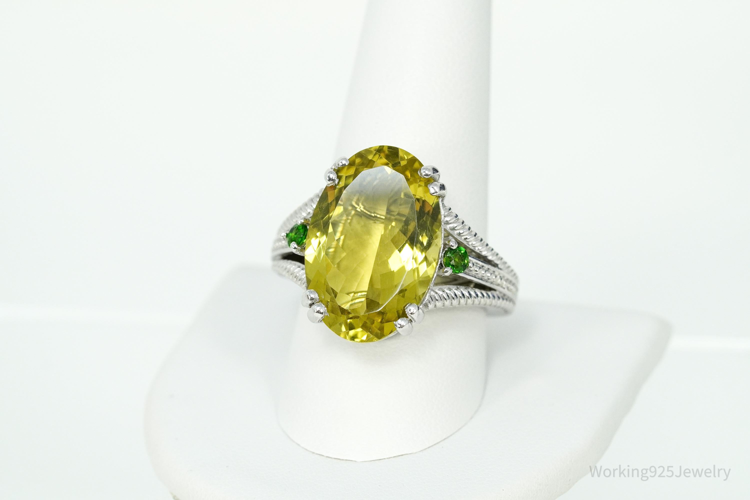 Vintage Large Lemon Quartz & Green Chrome Diopside Sterling Silver Ring Size 10