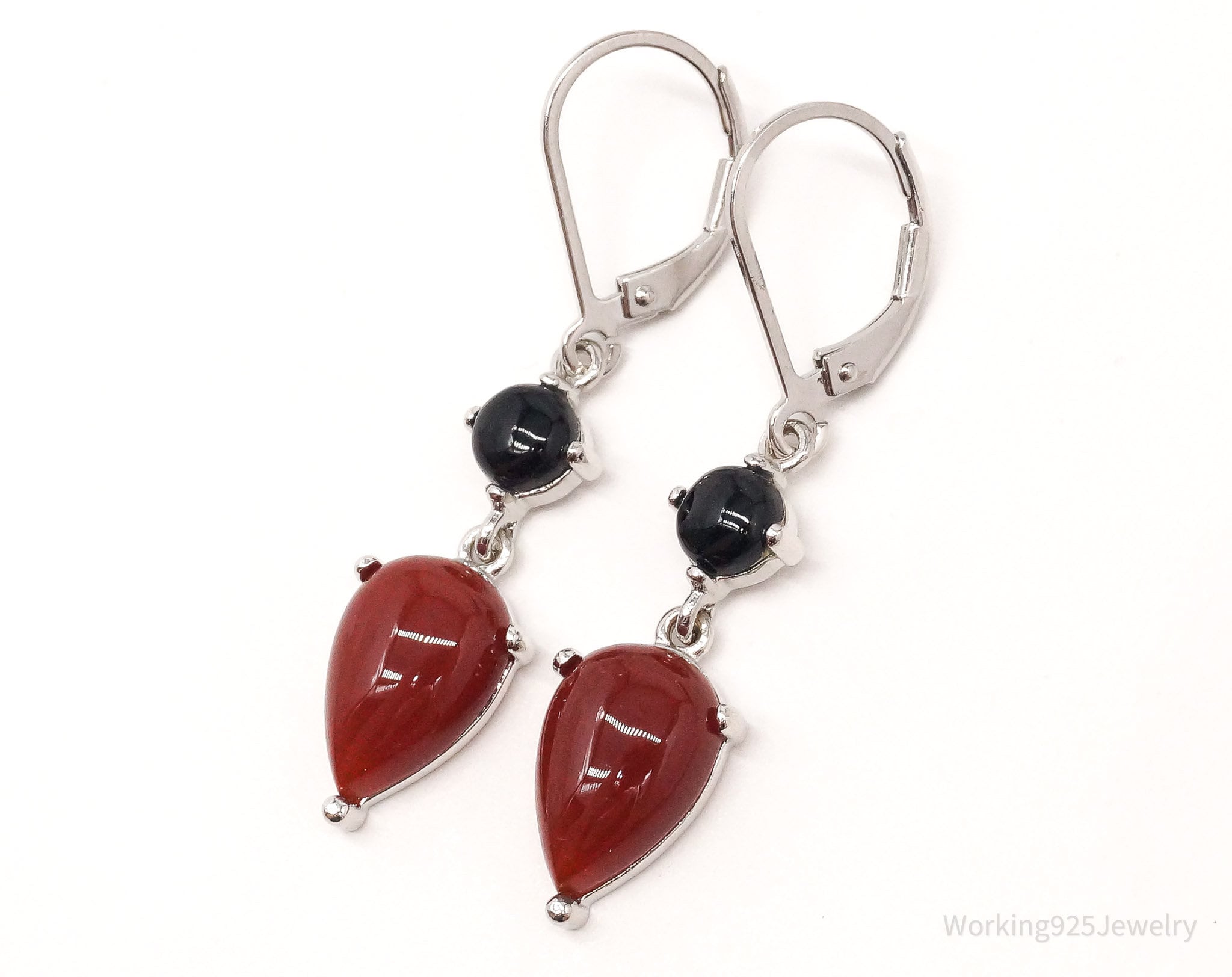 Vintage Designer Ross Simons Carnelian Black Onyx Sterling Silver Earrings