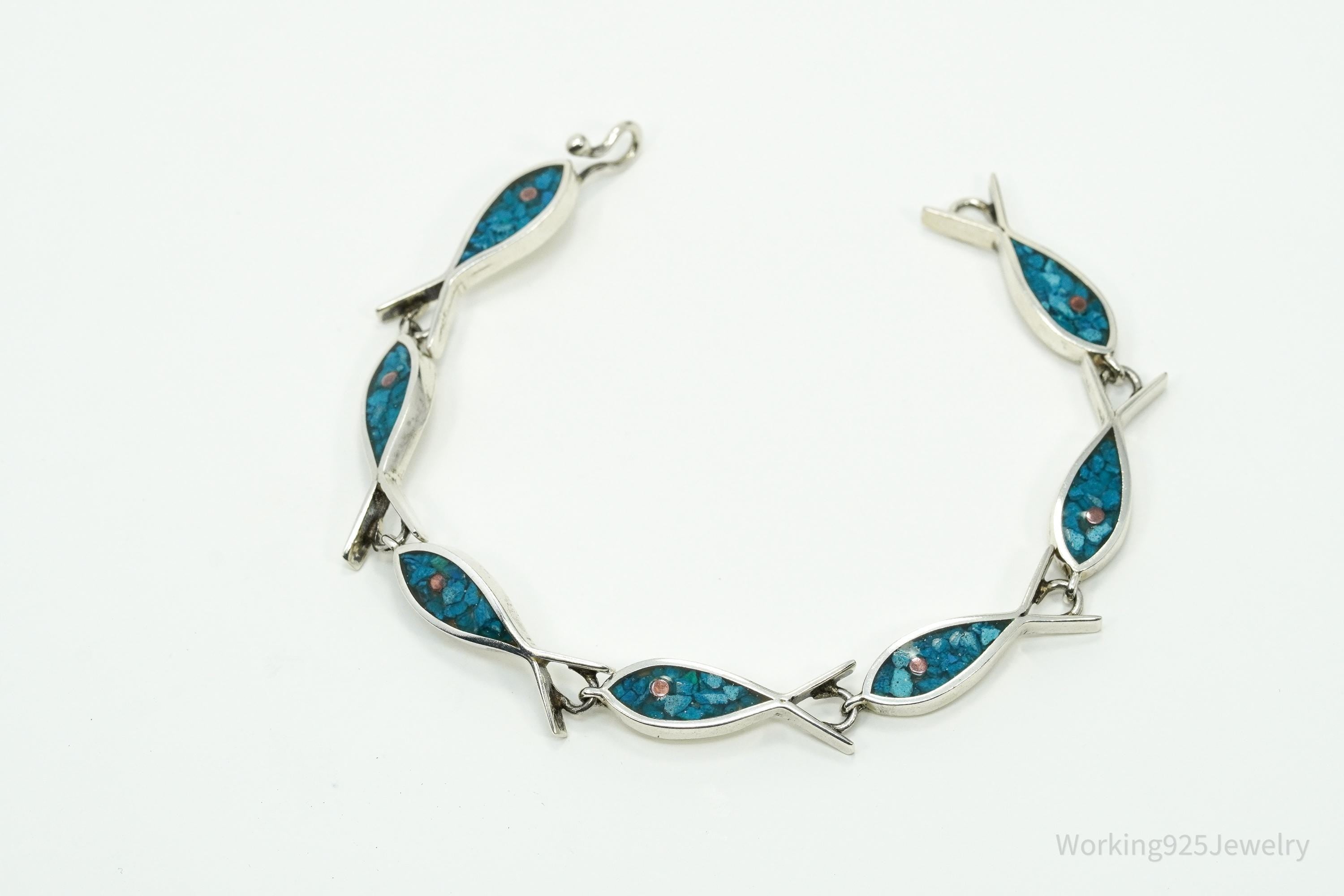 Vintage Mexico Blue Turquoise Inlay Fish Pattern Sterling Silver Bracelet - 7.25"
