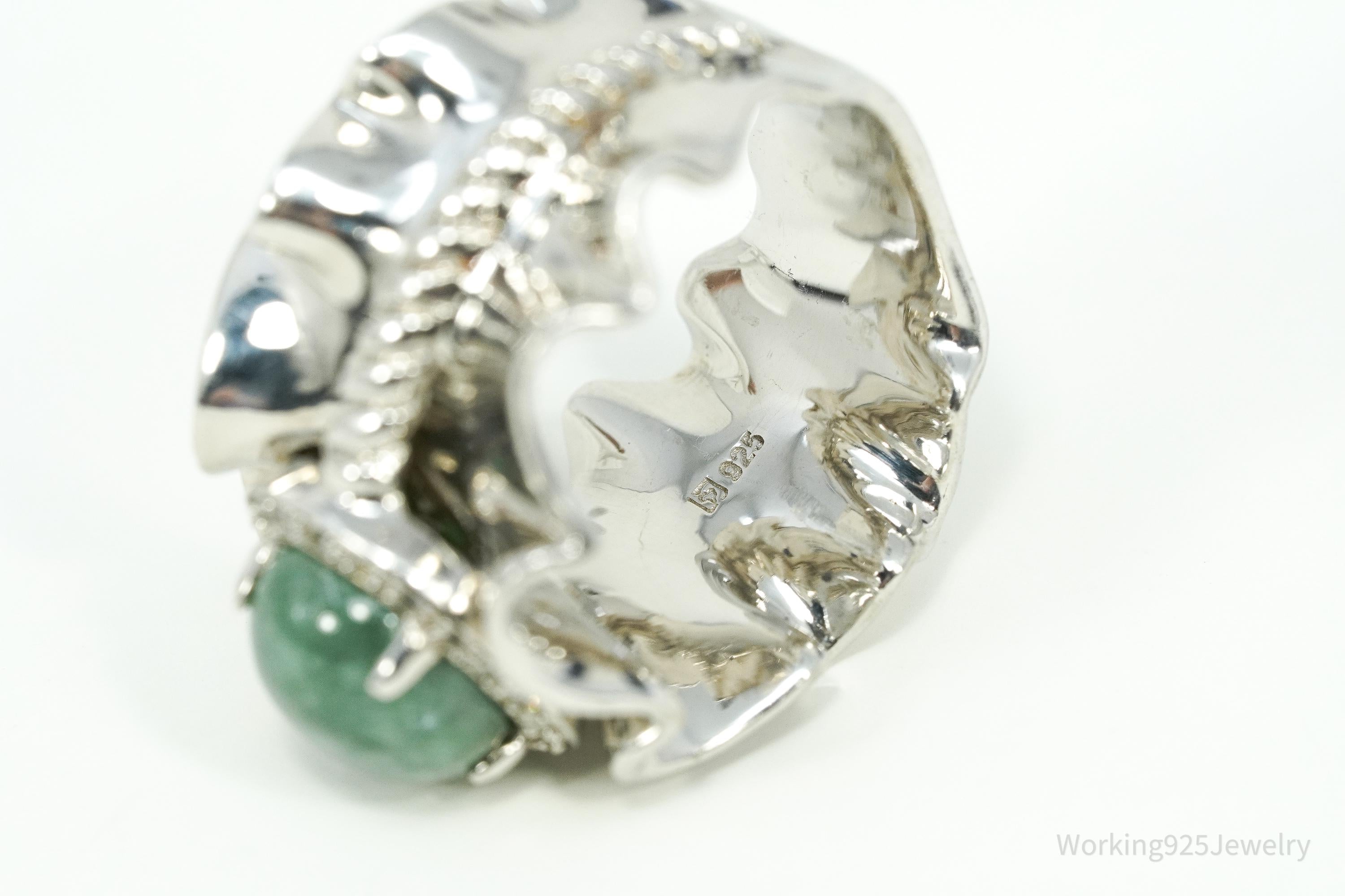 Michelle Albala Green Jadeite & White Topaz Sterling Silver Ring - Size 11.25