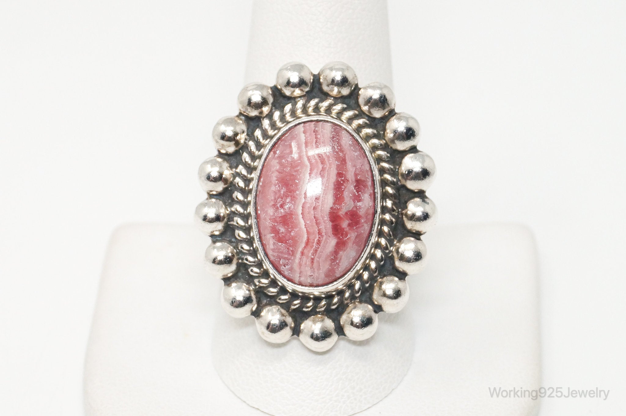 Vintage Mexico Artisan MWS Rhodochrosite Southwest Sterling Silver Ring Sz 9.75