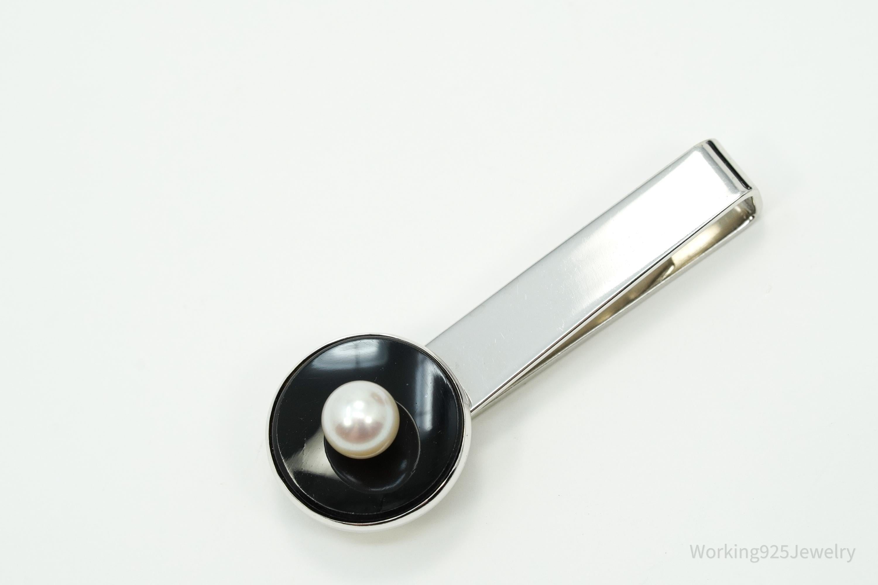 Vintage Designer CARIBE Pearl & Onxy Sterling Silver Tie Bar Clip