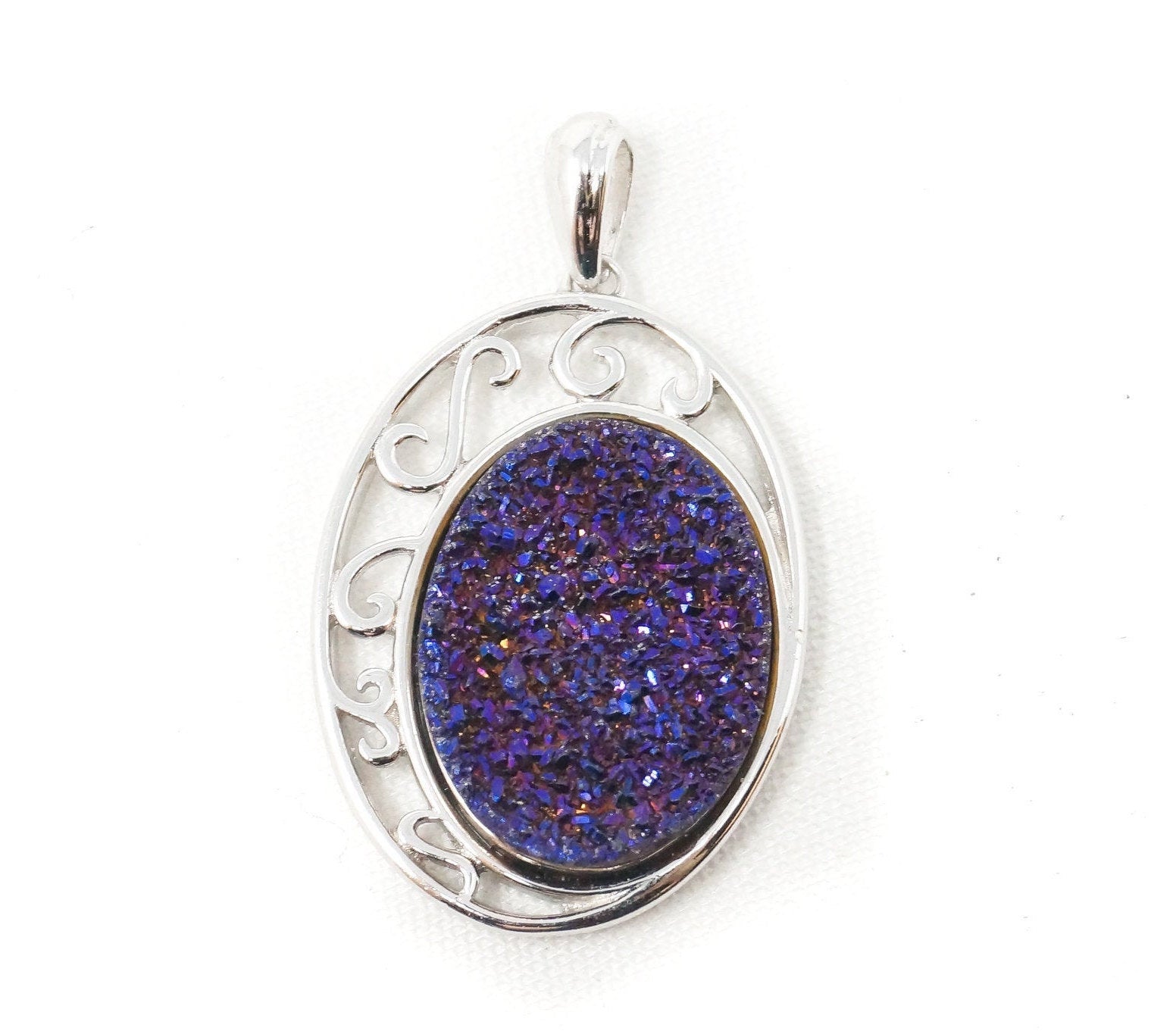 Vintage Designer TGGC Purple Druzy Quartz Art Deco Style Sterling Silver Pendant