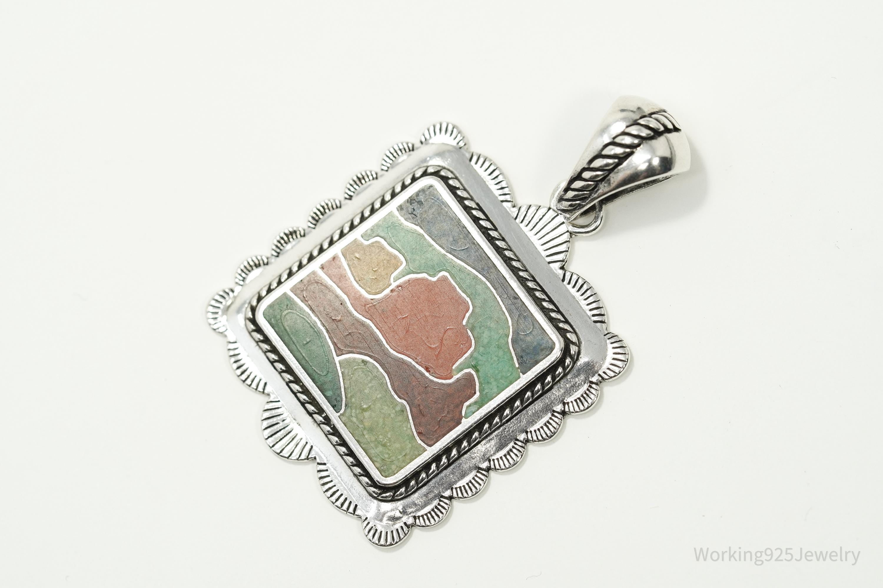 Large Vintage Carolyn Pollack Relios Desert Scene Multi Gem Inlay Sterling Silver Pendant