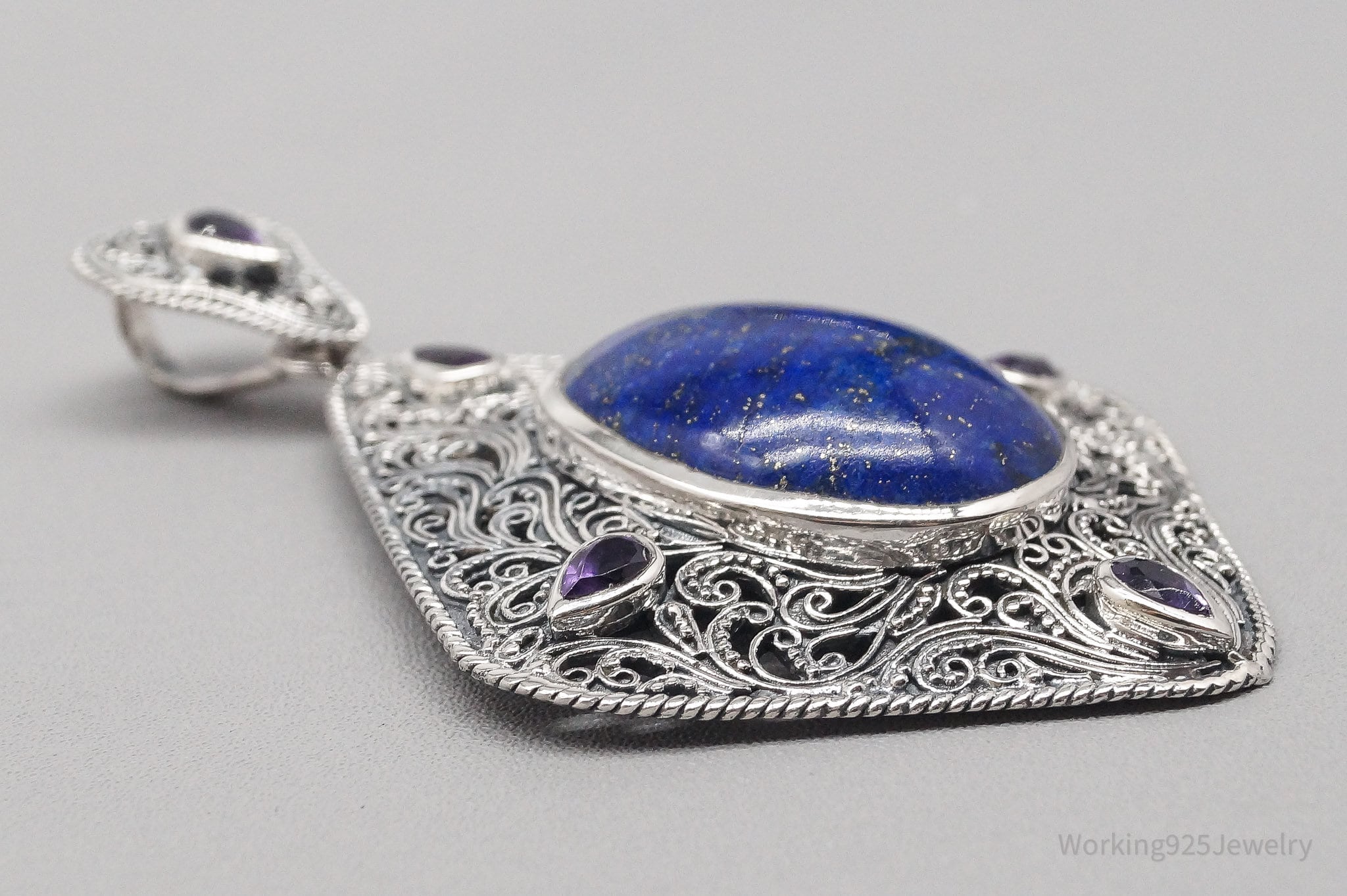 Vintage TGGC Large Lapis Lazuli Amethyst Filigree Sterling Silver Pendant