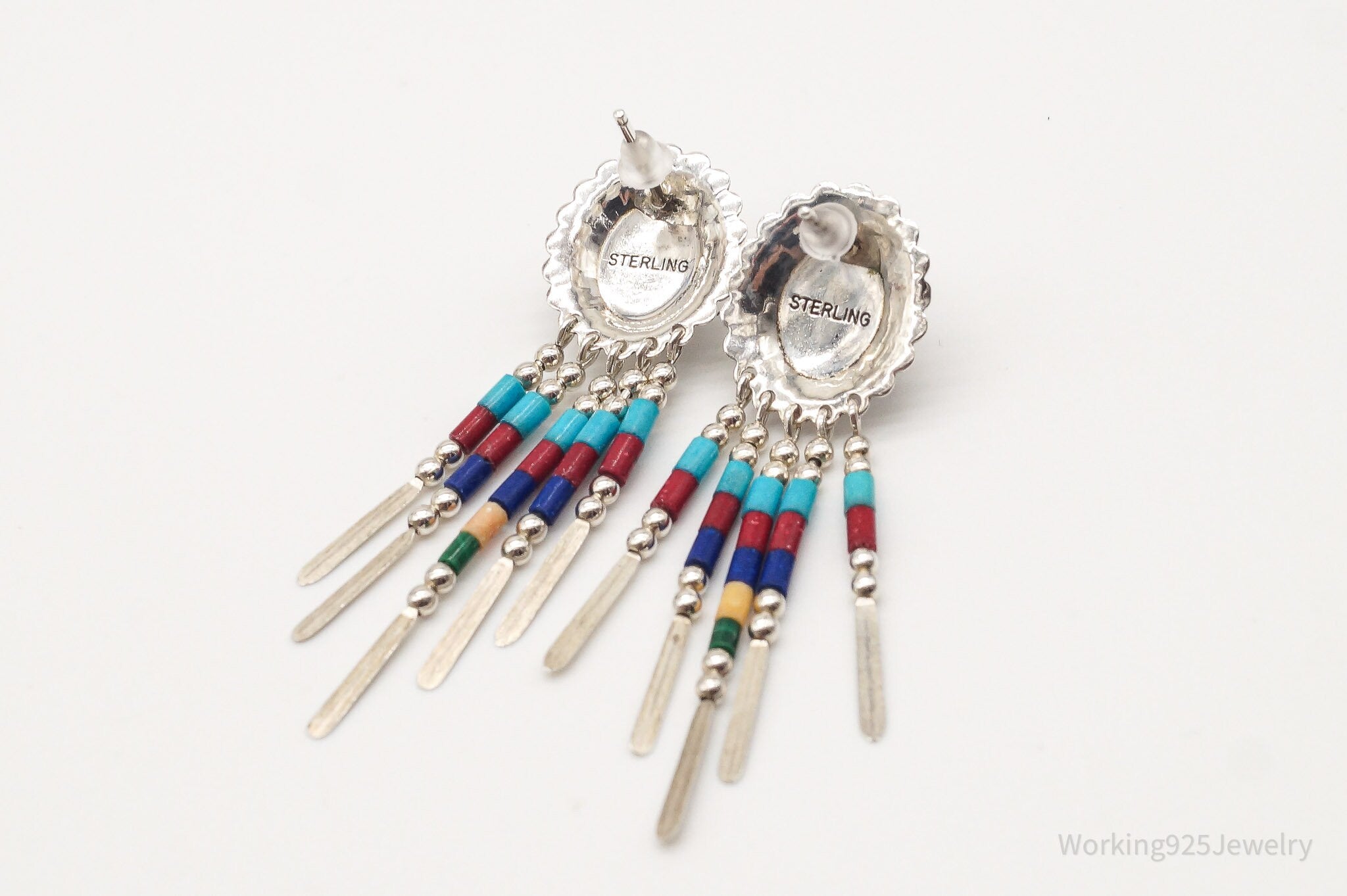 Vintage Native American Multi Gem Bead Sterling Silver Earrings