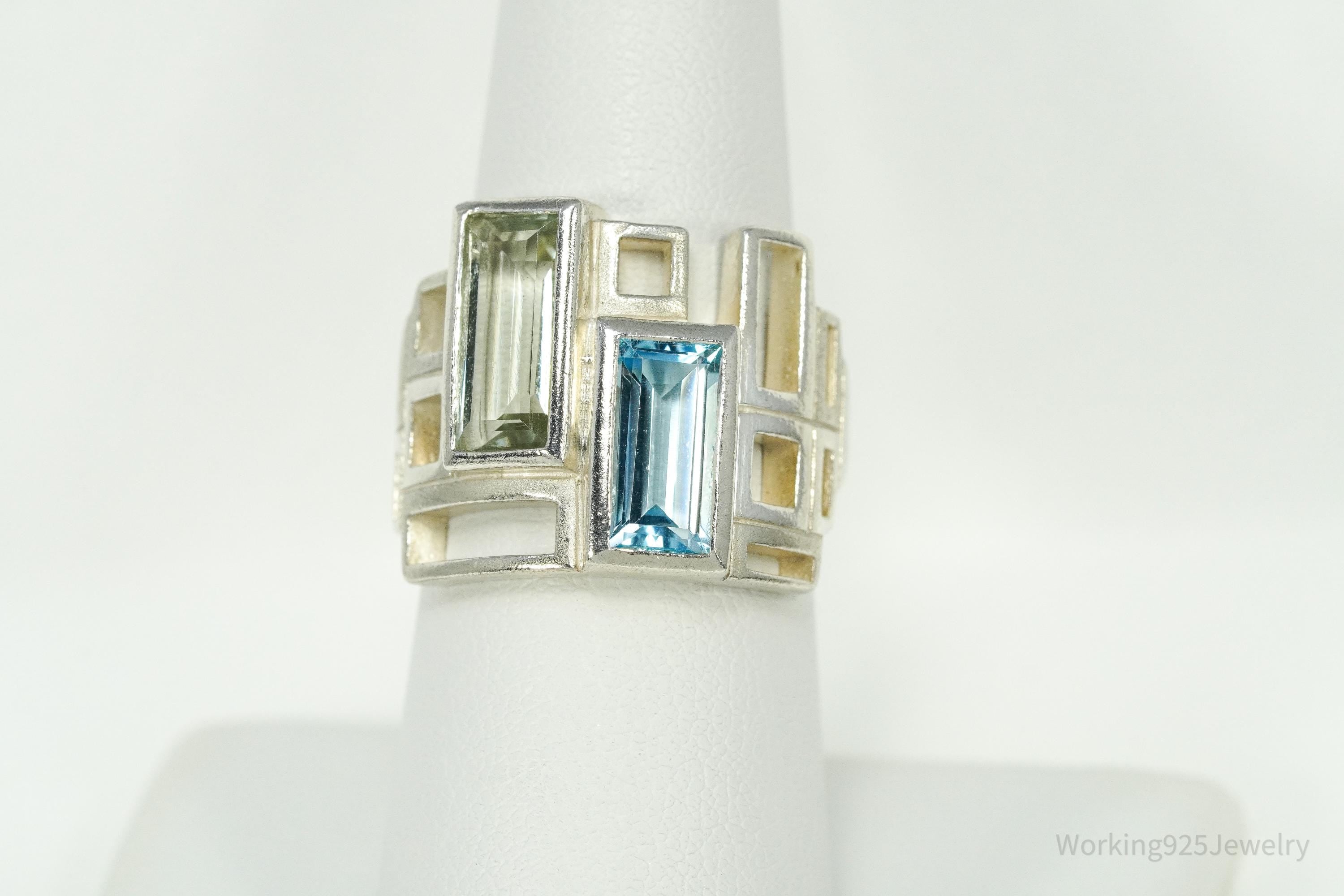 Vintage Green Amethyst & Blue Topaz Modernist Style Sterling Silver Irish Ring - Size 7.25