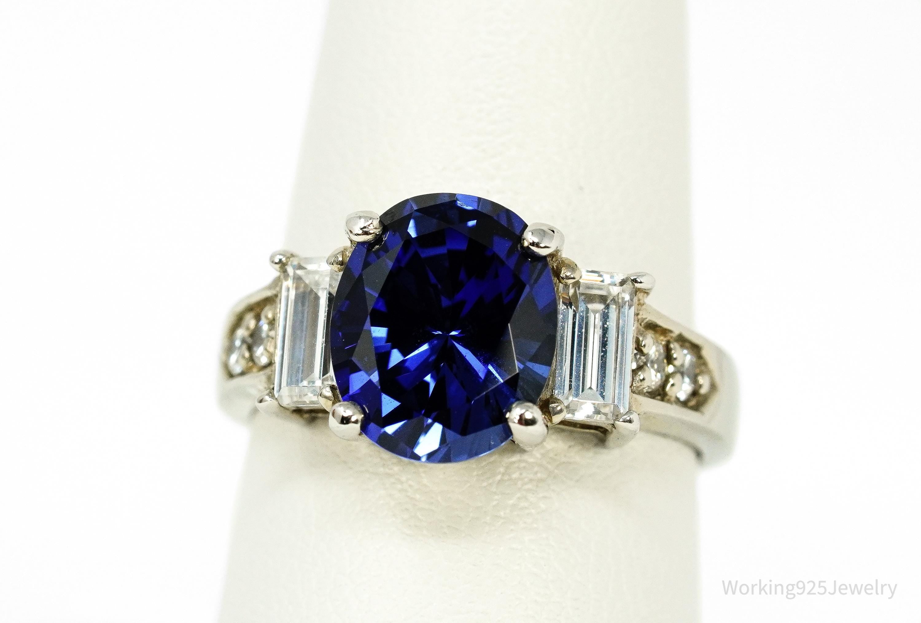Vintage Lab Sapphire & Diamonique Cubic Zirconia Sterling Silver Ring - Size 8.25