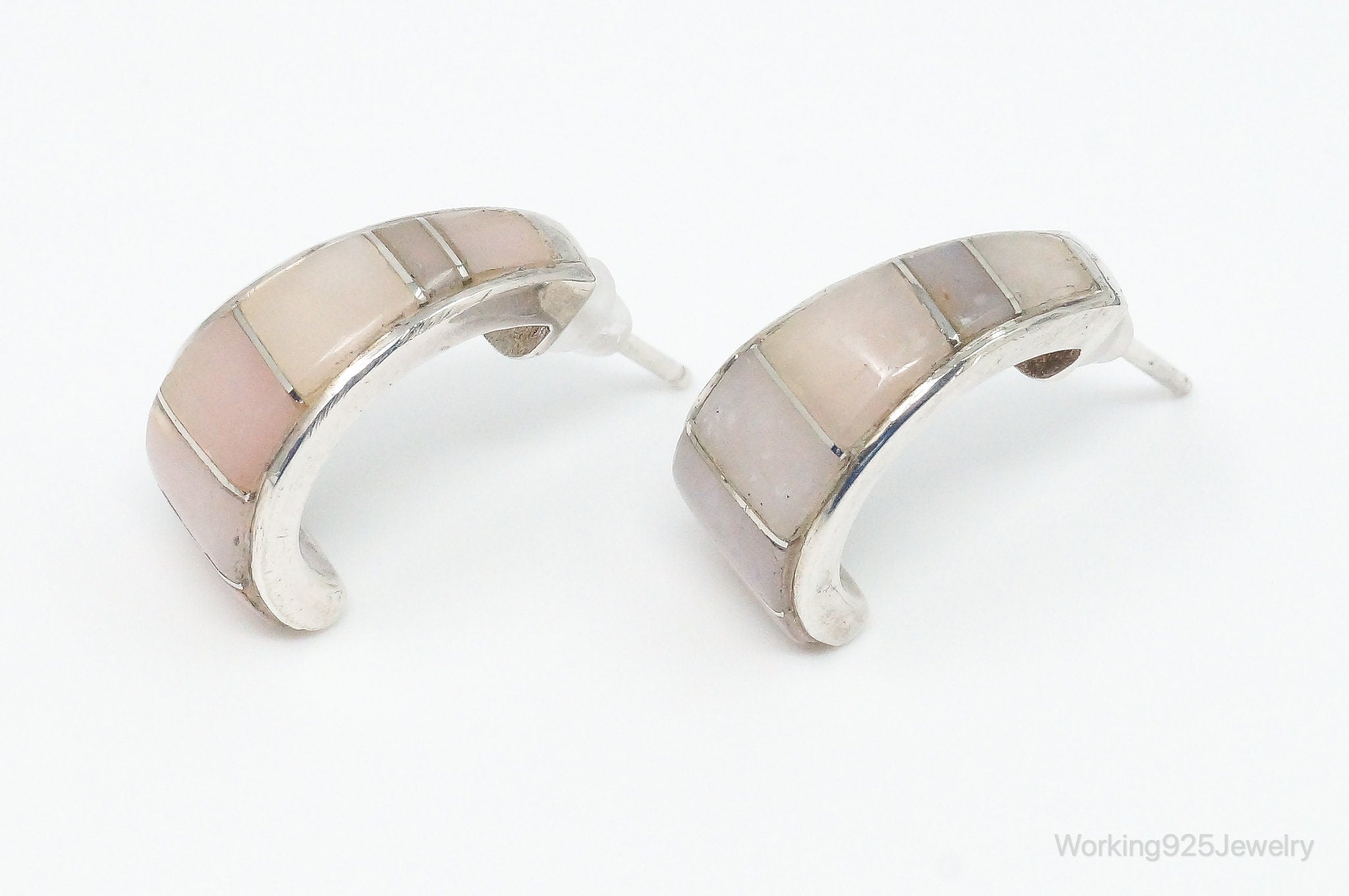 Vintage Native American Unsigned Rose Quartz Sterling Silver Hoop Earrings