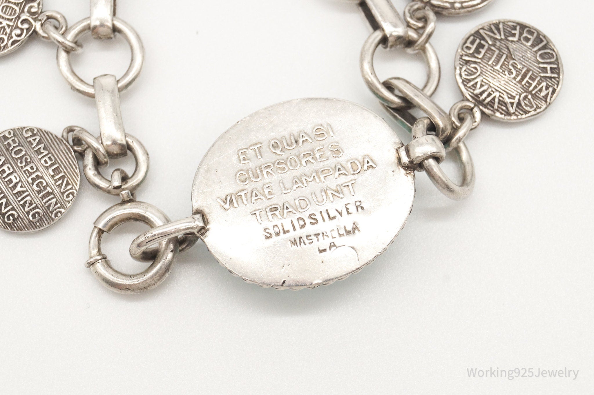 Vintage Turquoise Latin Quotes Solid Silver Charms Bracelet