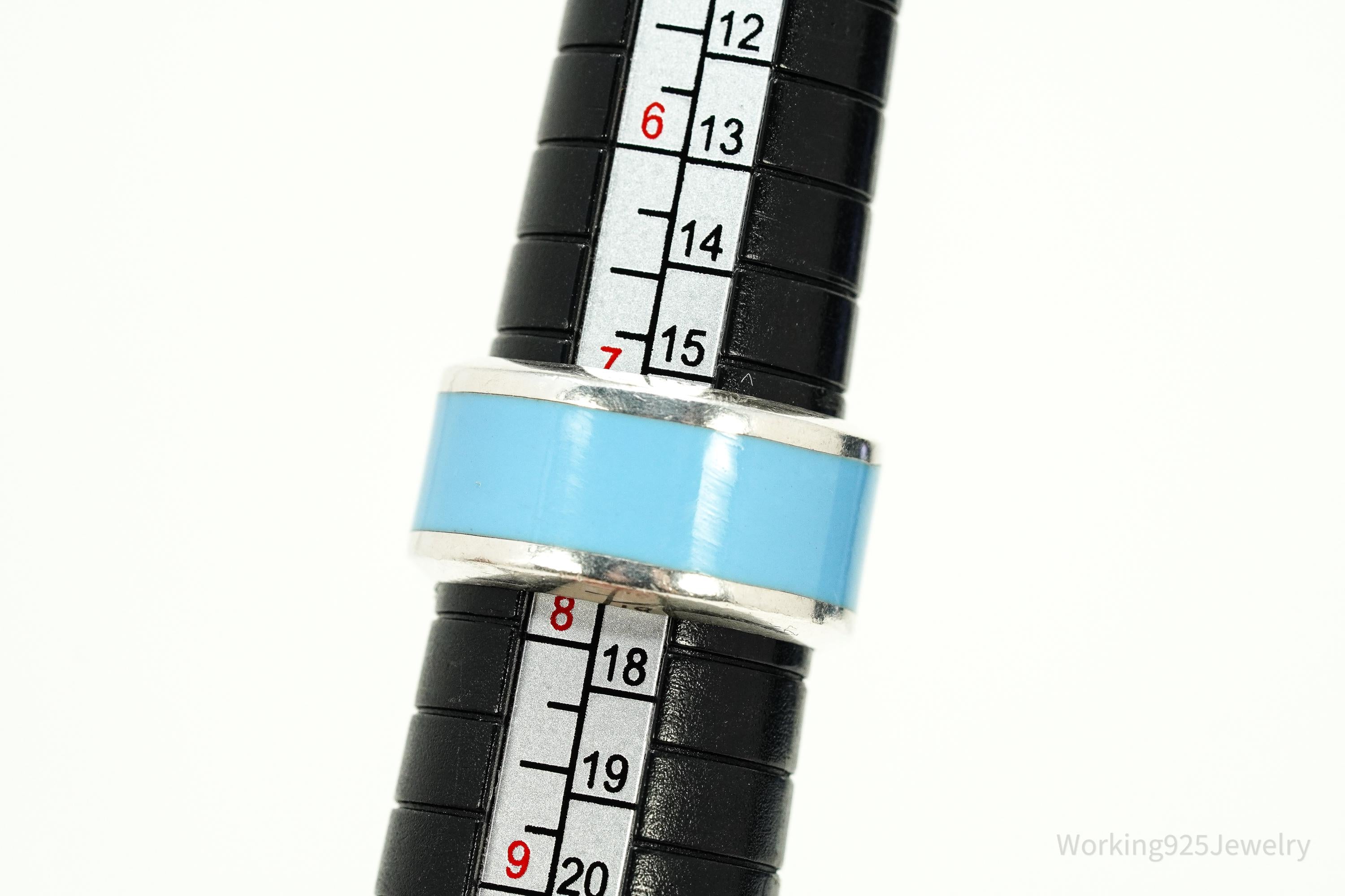 Vintage Blue Enamel Sterling Silver Wide Band Ring - Size 7.75