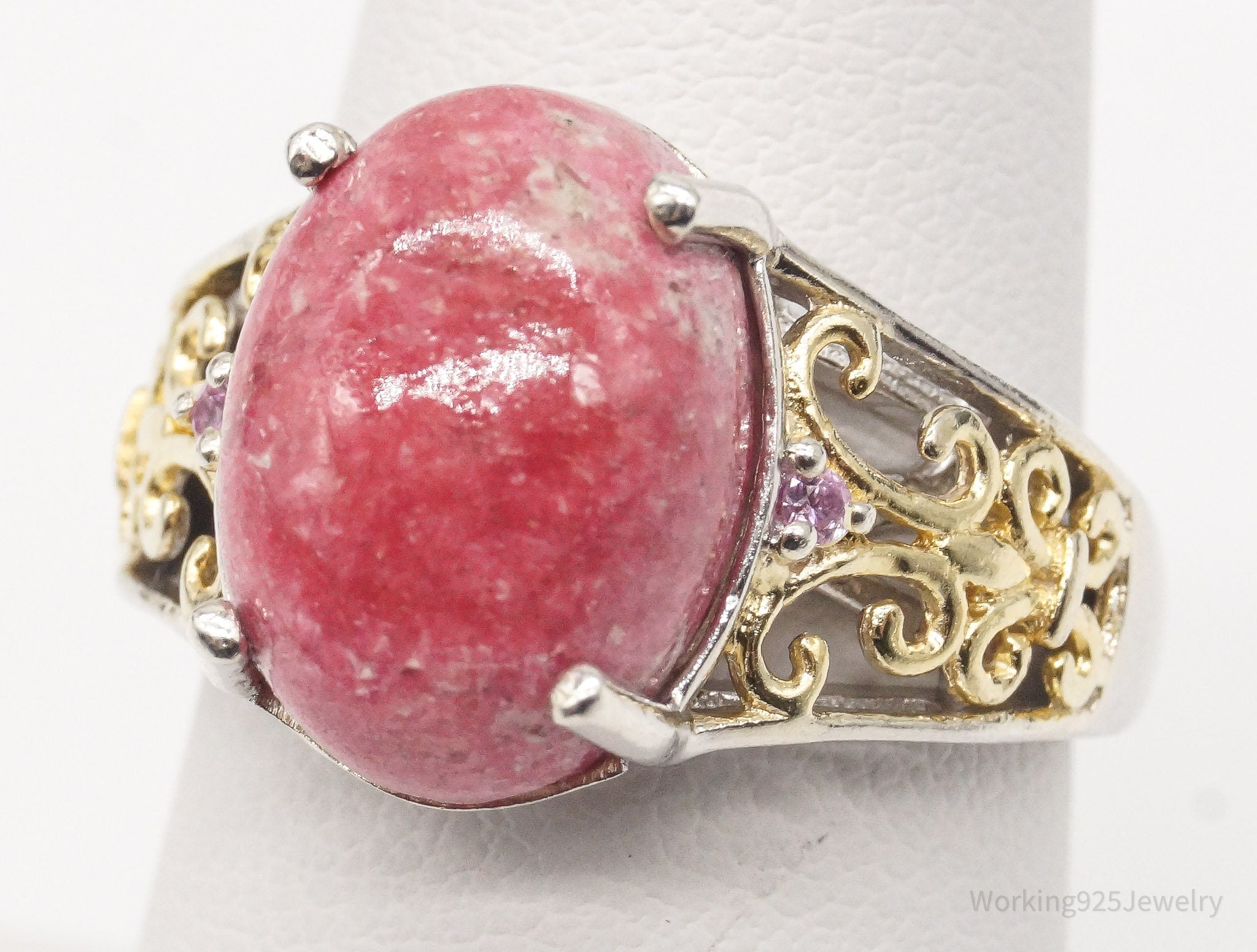 Vintage Thulite Pink Topaz Gold Vermeil Sterling Silver Ring - Size 7