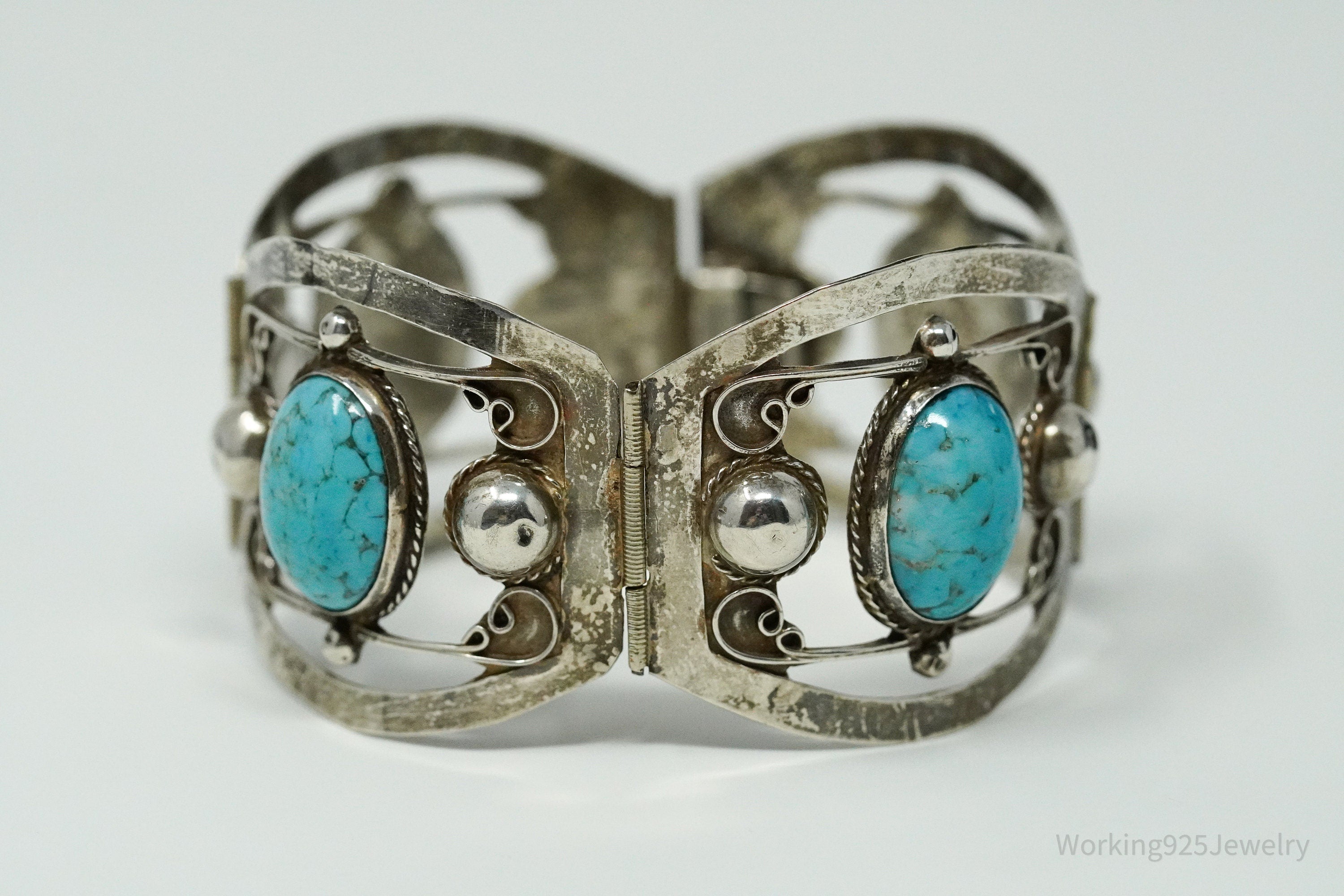 Vintage Mexico Glass Turquoise Sterling Silver Bracelet - 6.75"