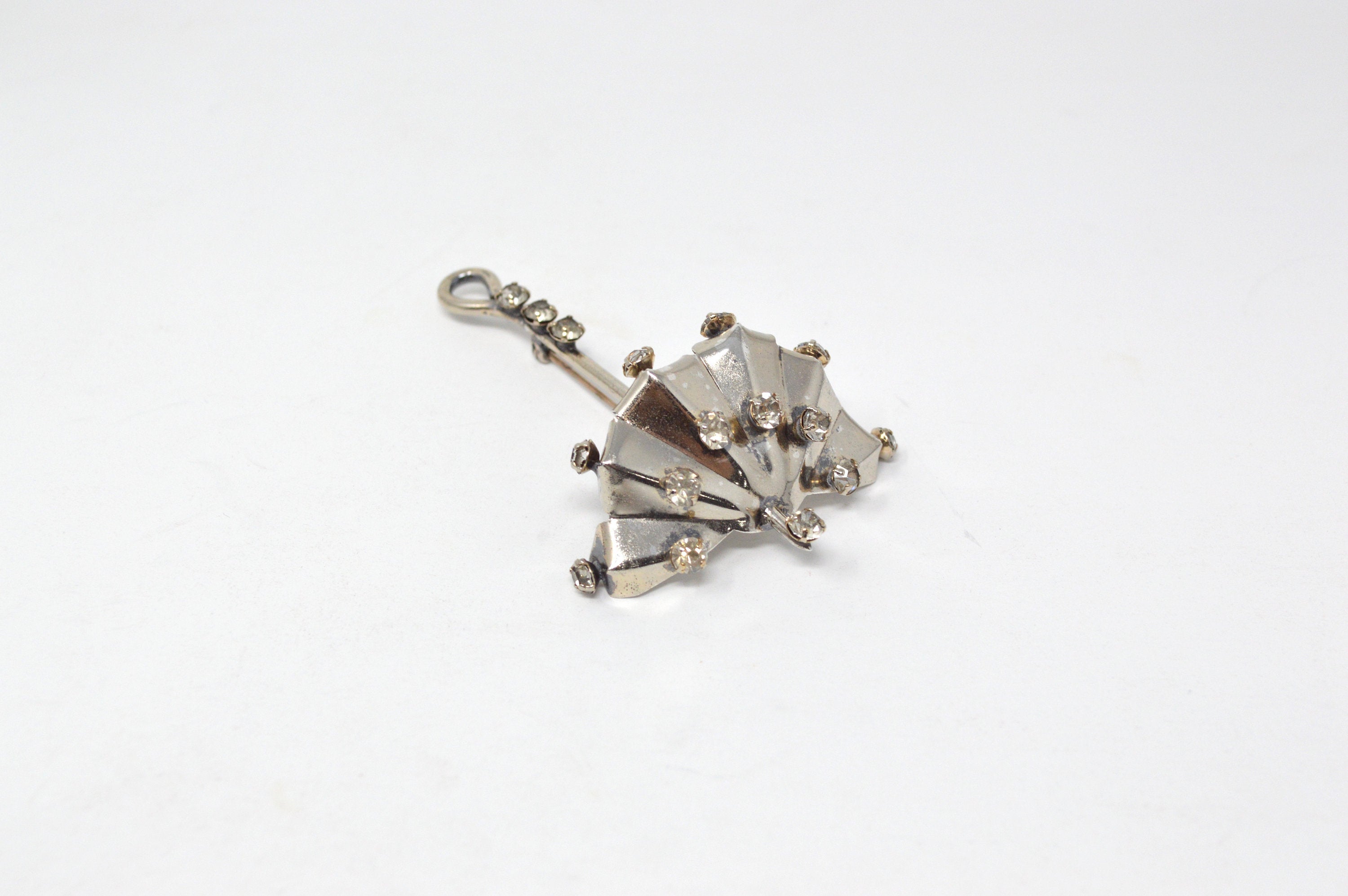 Vintage Rhinestone and Sterling Silver Umbrella Brooch / Pin -