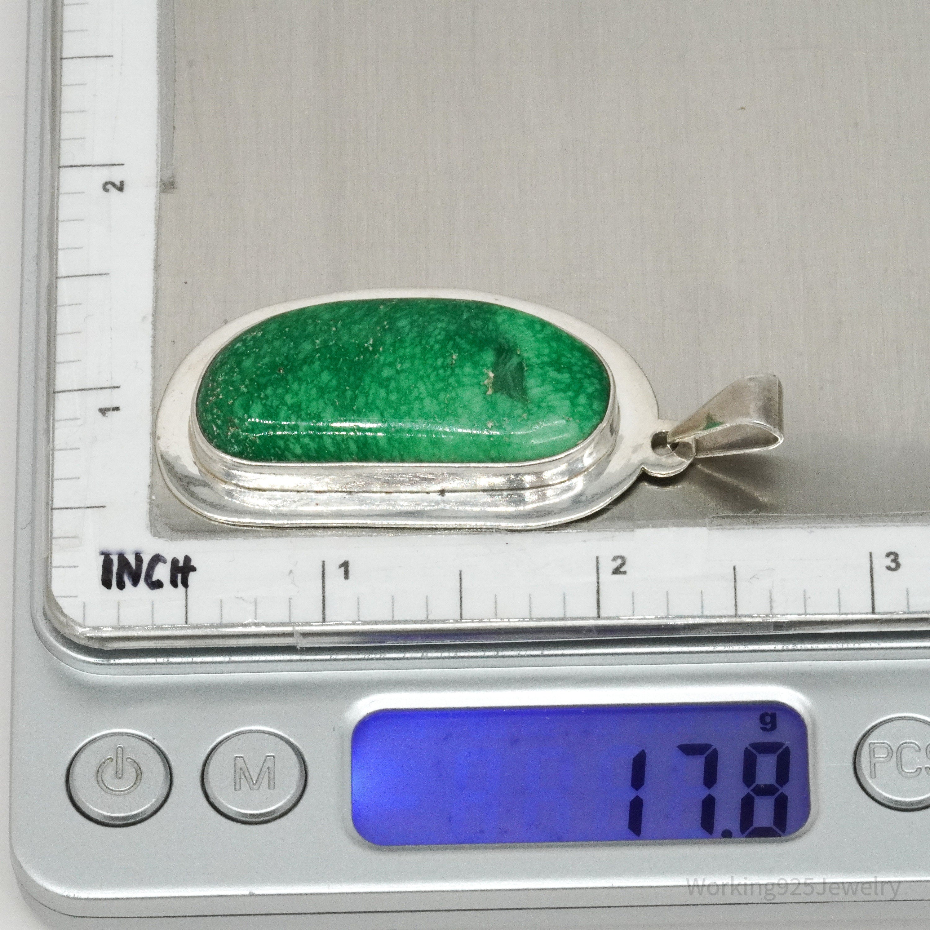 Vintage Large Mexico Modernist AIS Green Stone Sterling Silver Pendant 2 5/16"