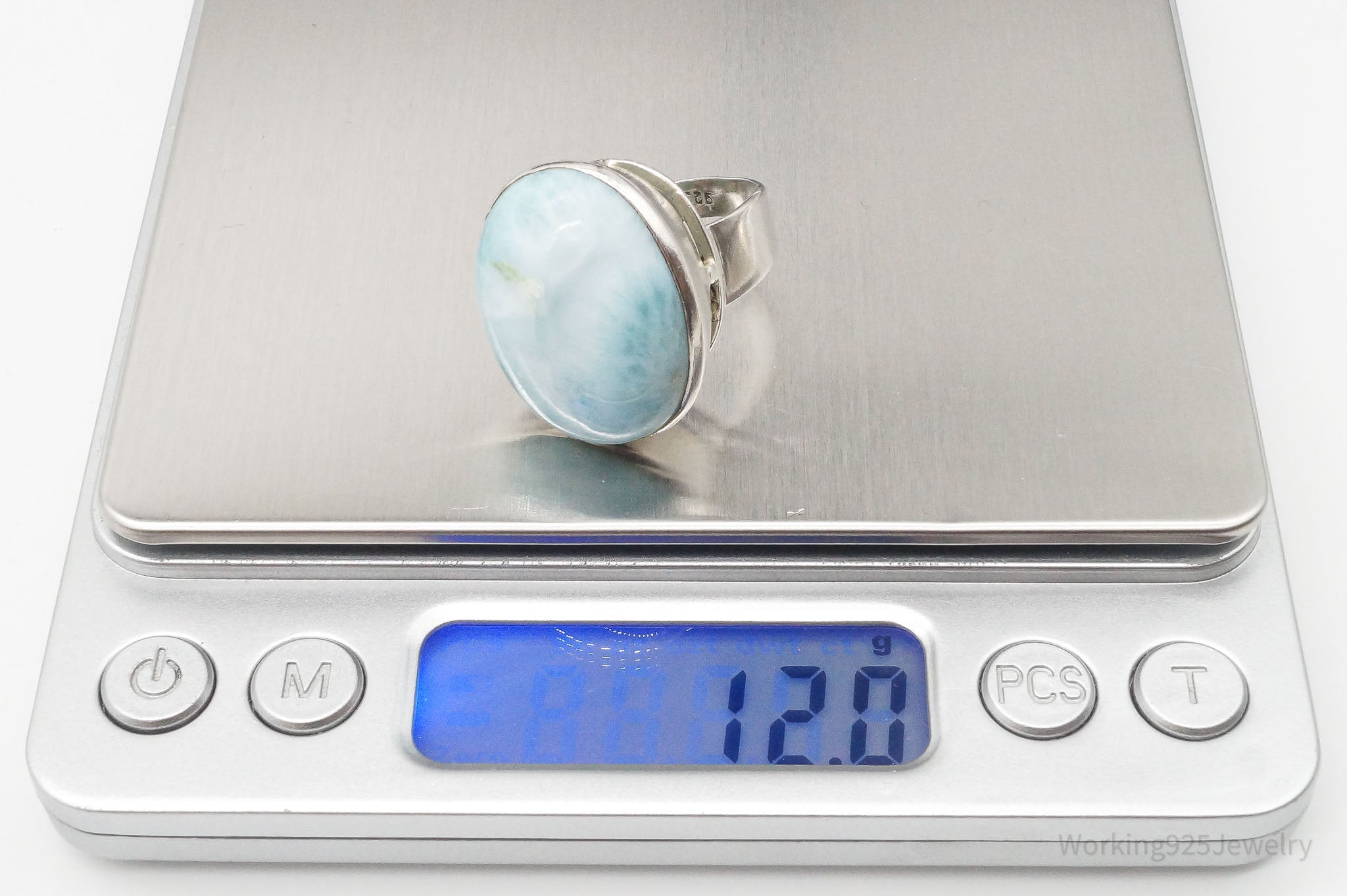 Vintage Large Blue Larimar Sterling Silver Ring - Size 6.75