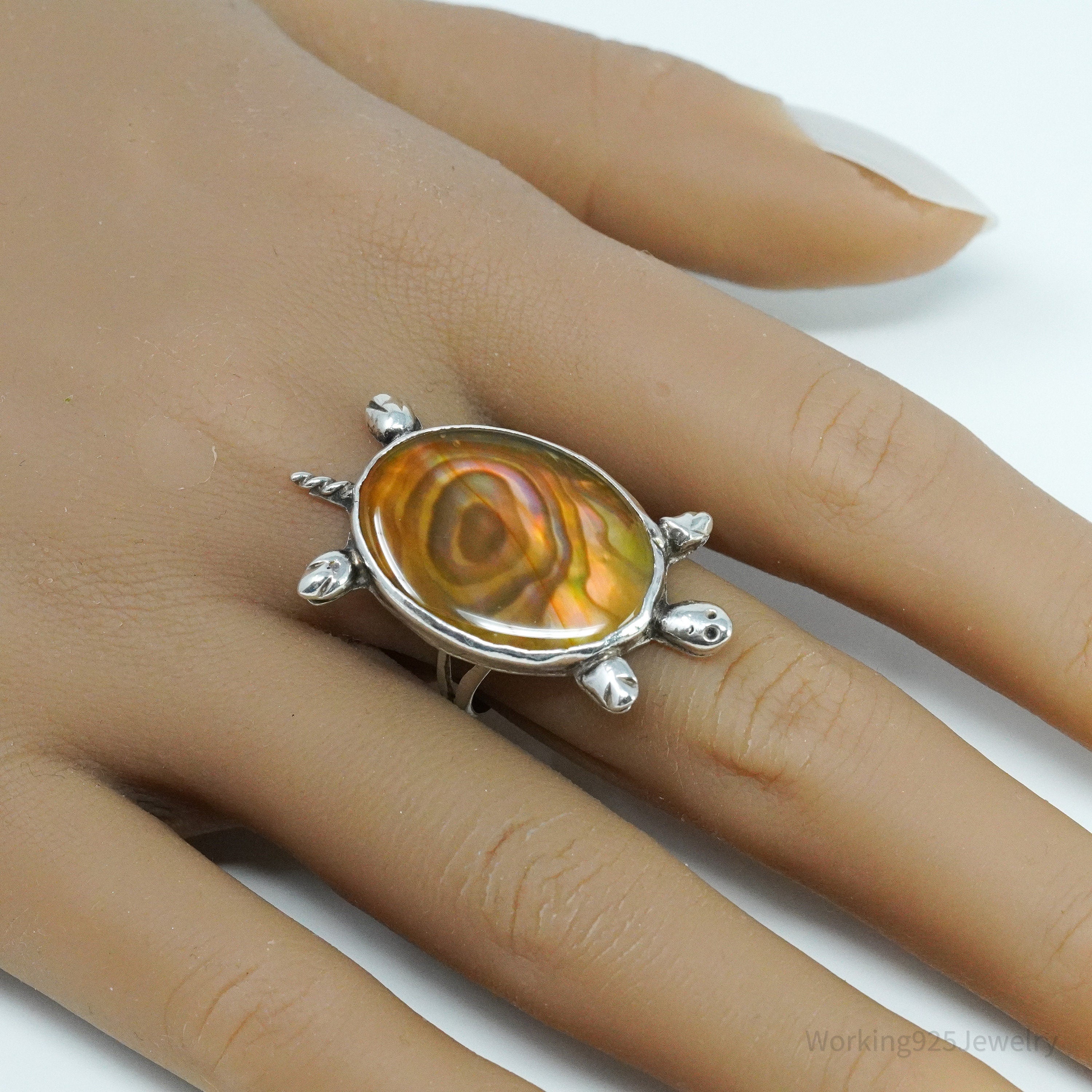 Vintage Abalone Paua Shell Inlay Turtle Silver Ring - Size 8.5