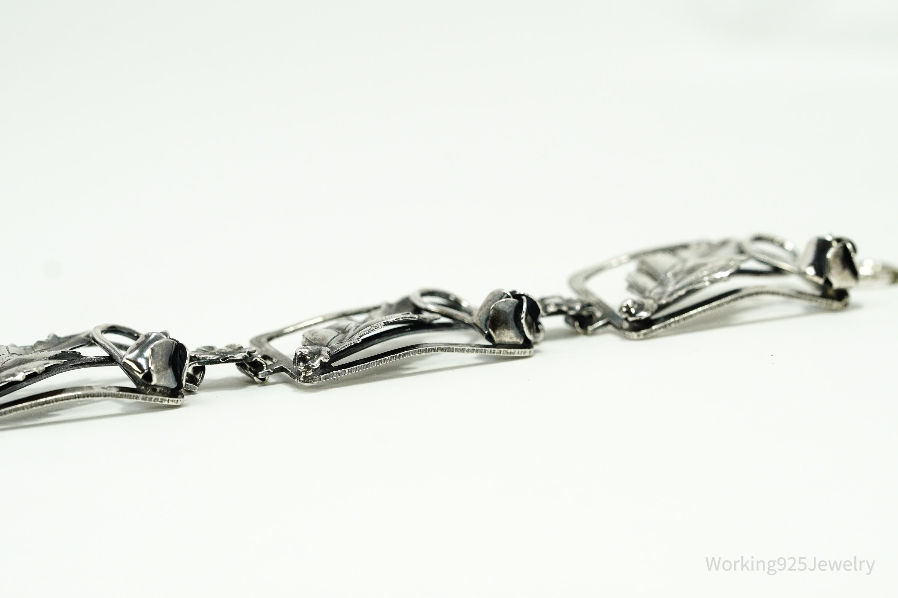 Antique Floral Sterling Silver Bracelet 7.5"